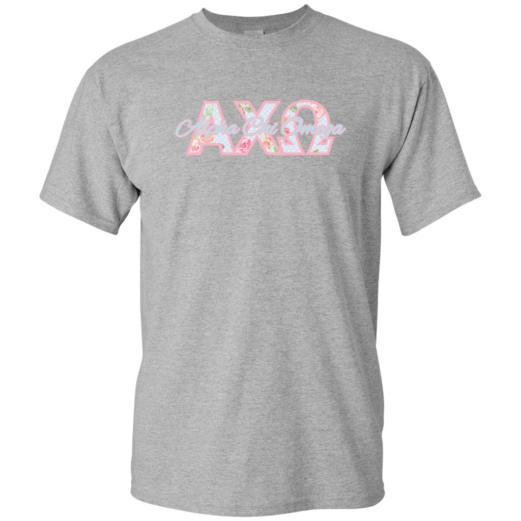 Alpha Chi Omega Floral Initials T-Shirt - Greek Life Sorority Apparel for Women | Perfect for Sisterhood Events, Bid Day & Campus Wear