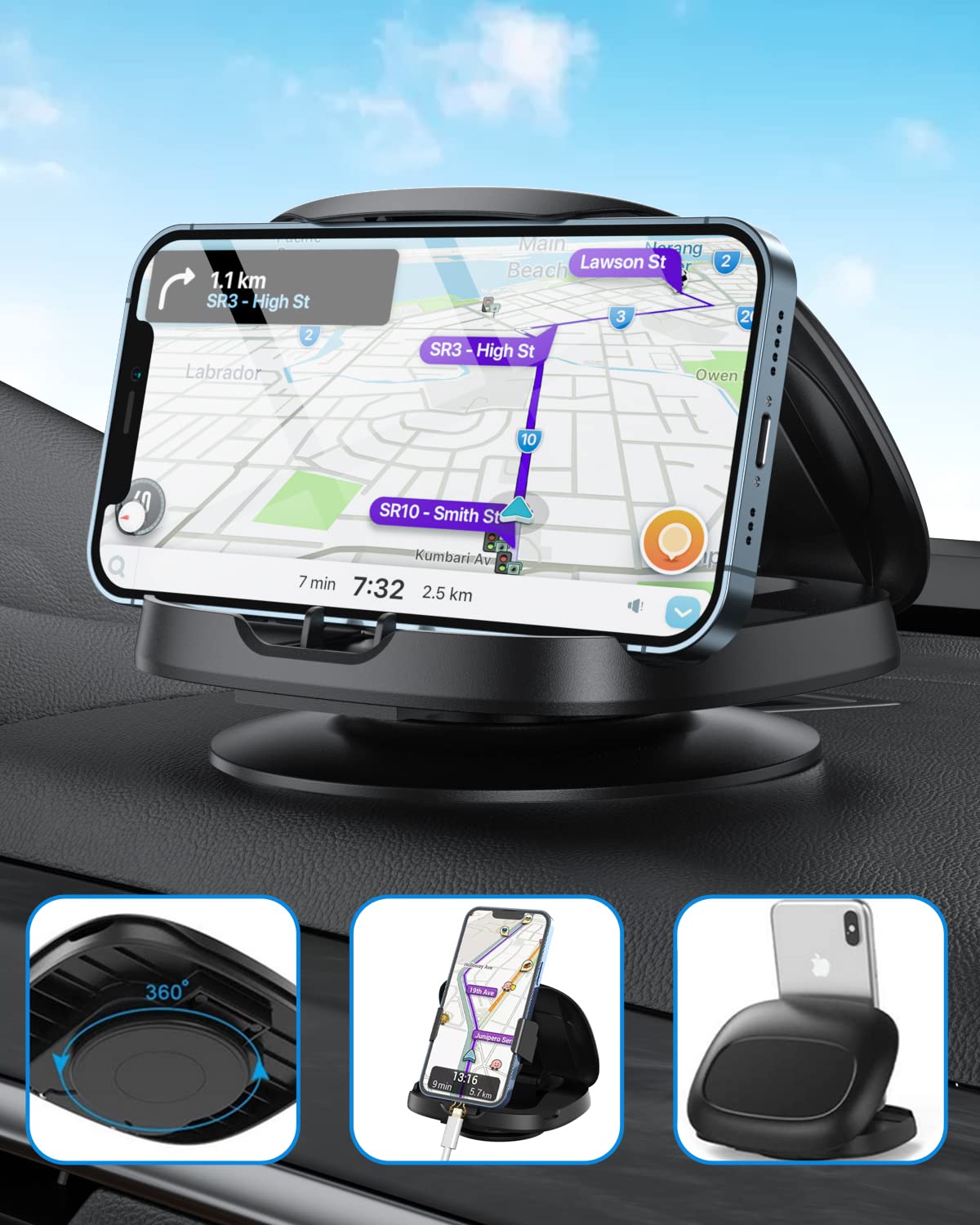 360° Rotatable Car Phone Mount - Adjustable Dashboard Phone Holder for iPhone, Samsung & All Smartphones | Horizontal & Vertical Viewing | Washable & Reusable | Perfect for GPS Navigation, Hands-Free Calls & Road Trips