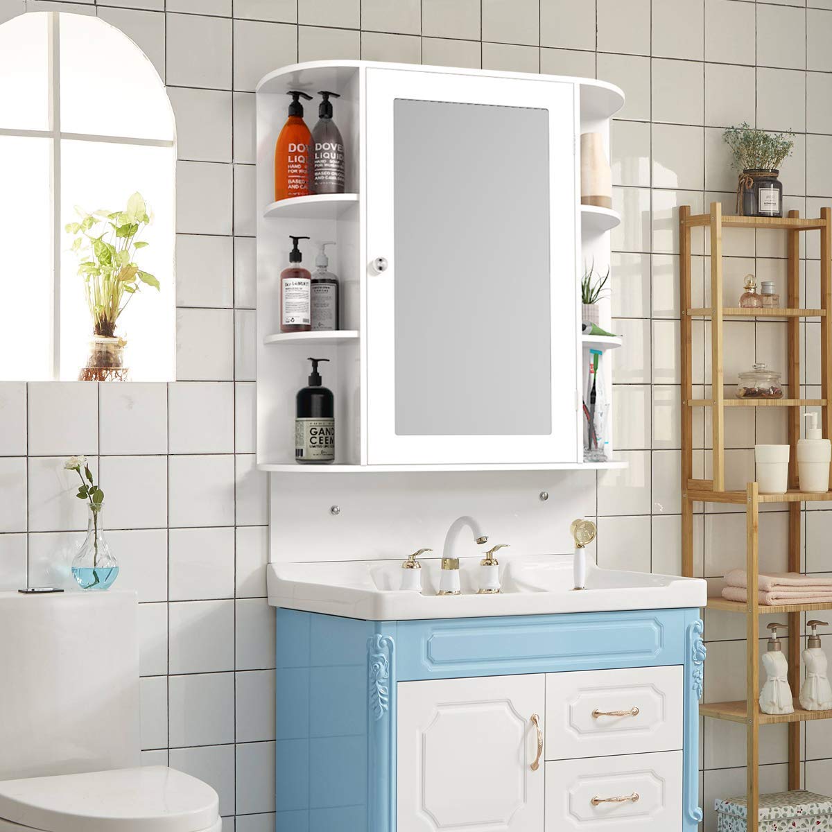 Casart Wall Mounted Bathroom Cabinet with Mirror - Single Door Medicine Cabinet with 4-Tier Adjustable Shelves - Perfect for Bathroom Storage, Makeup Vanity & Small Space Organization