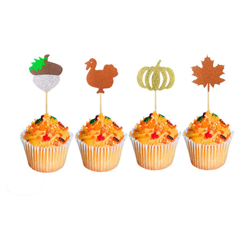 24pcs Cake Toppers - Cartoon Glitter Cake Decorations with Insert Cards for Birthday, Thanksgiving & Special Occasions - Shiny Cake Picks for Party Dessert Decorating