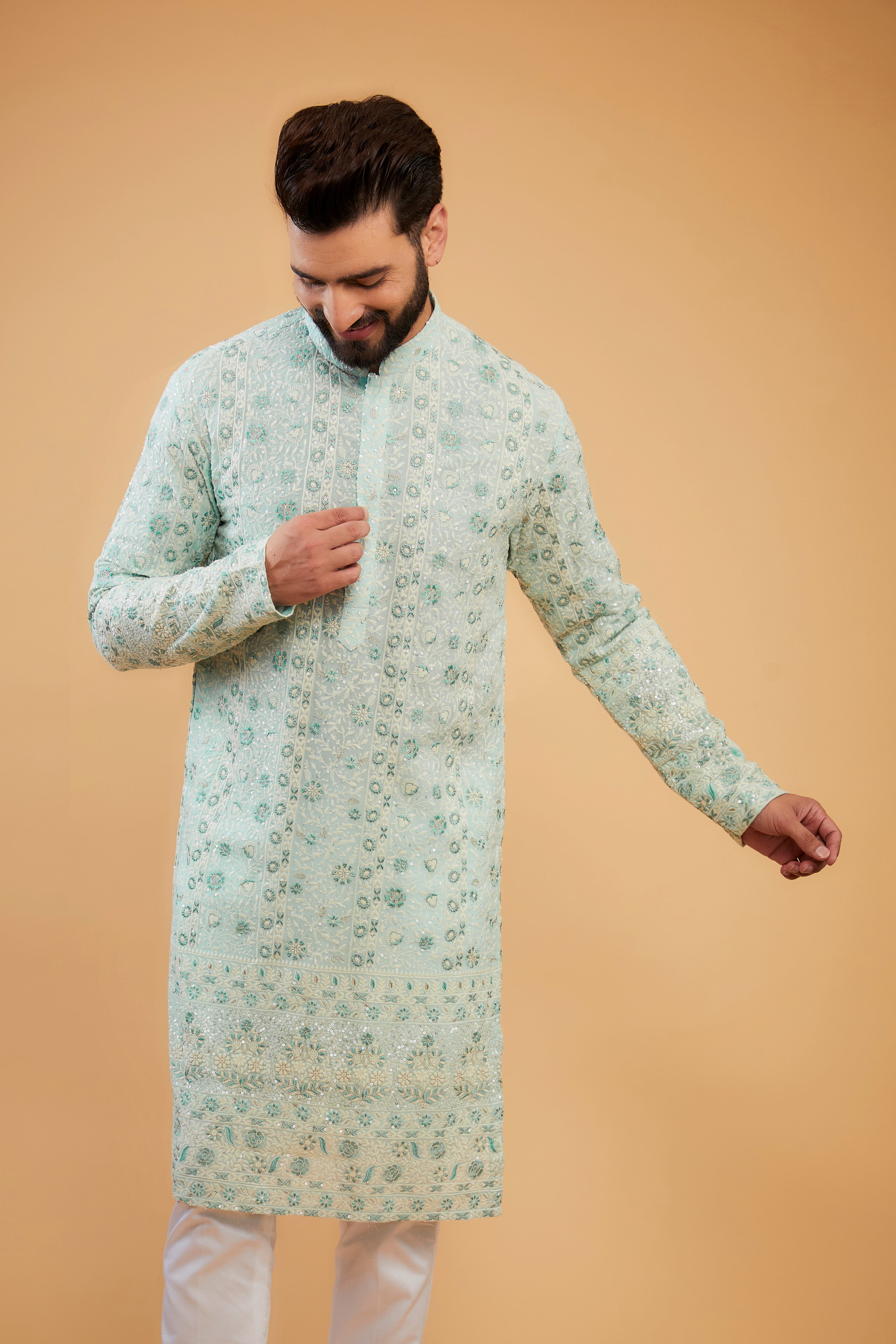 Elegant Powder Blue Chikankari Kurta with Intricate Floral Embroidery - Perfect for Festivals, Weddings & Casual Wear