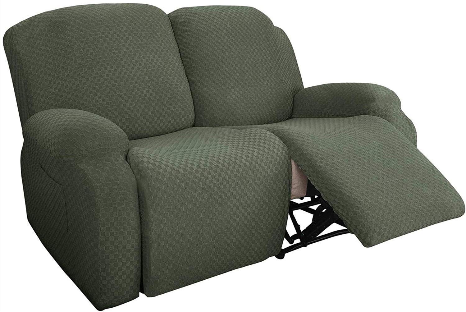 6-Piece Stretch Loveseat Recliner Slipcover - Jacquard Recliner Sofa Cover with Side Pockets & Elastic Bottom - Furniture Protector for Couches, Chairs (Army Green) - Perfect for Living Room, Family Room & Home Theater Seating Protection