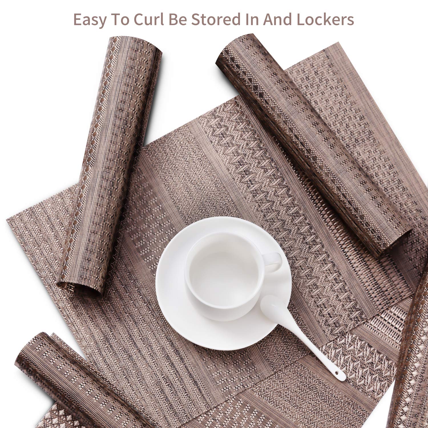 Premium Heat-Resistant & Stain-Resistant PVC Placemats Set of 6 - Non-Slip Woven Vinyl Table Mats for Kitchen Dining, Washable & Durable Brown Placemats - Perfect for Everyday Meals, Dinner Parties & Holiday Gatherings