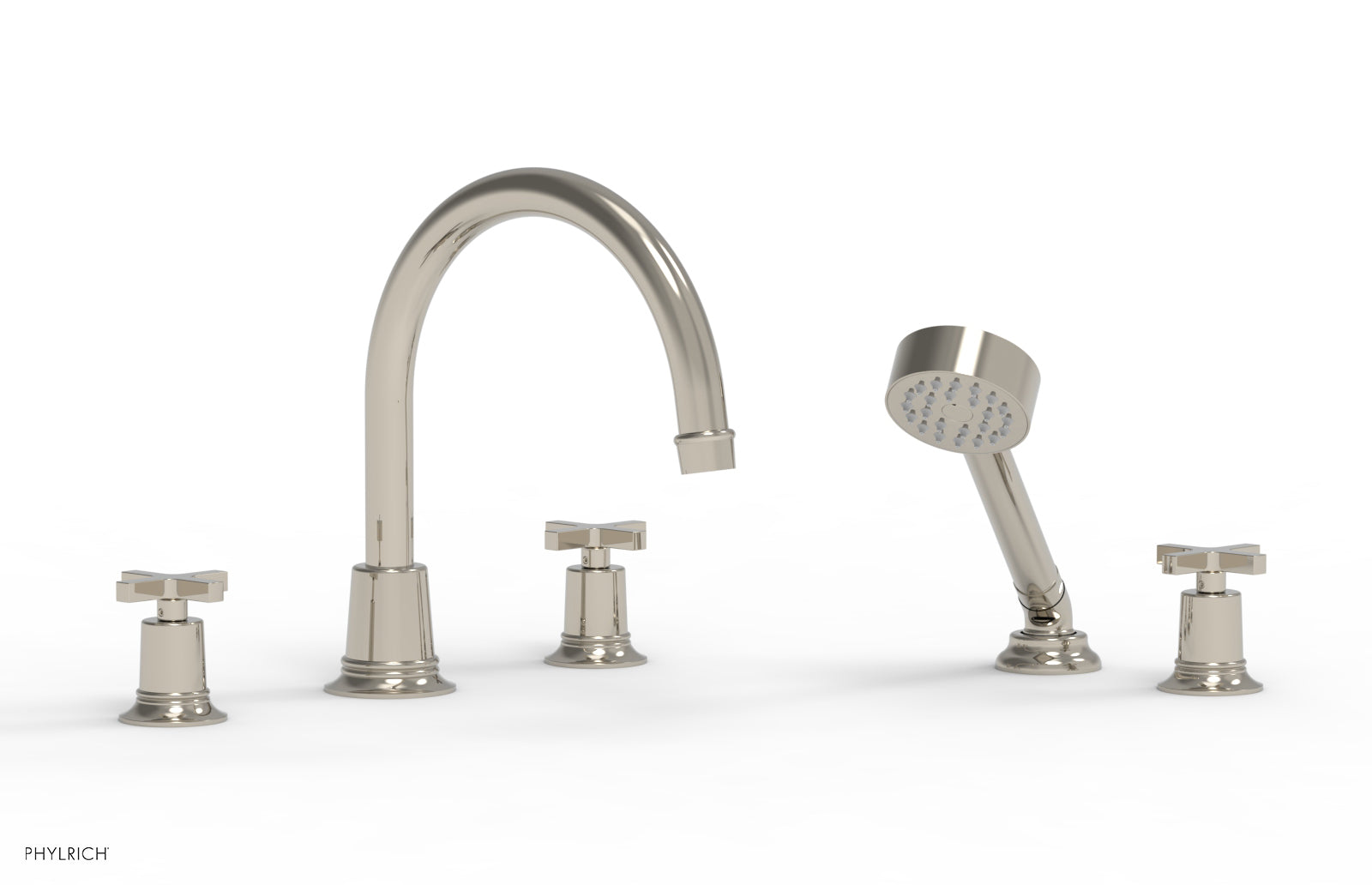 HEX MODERN Deck Mounted Bathtub Faucet Set with Hand Shower and Cross Handles - Model 50150 - Perfect for Modern Bathroom Renovations and Spa-Like Shower Experiences