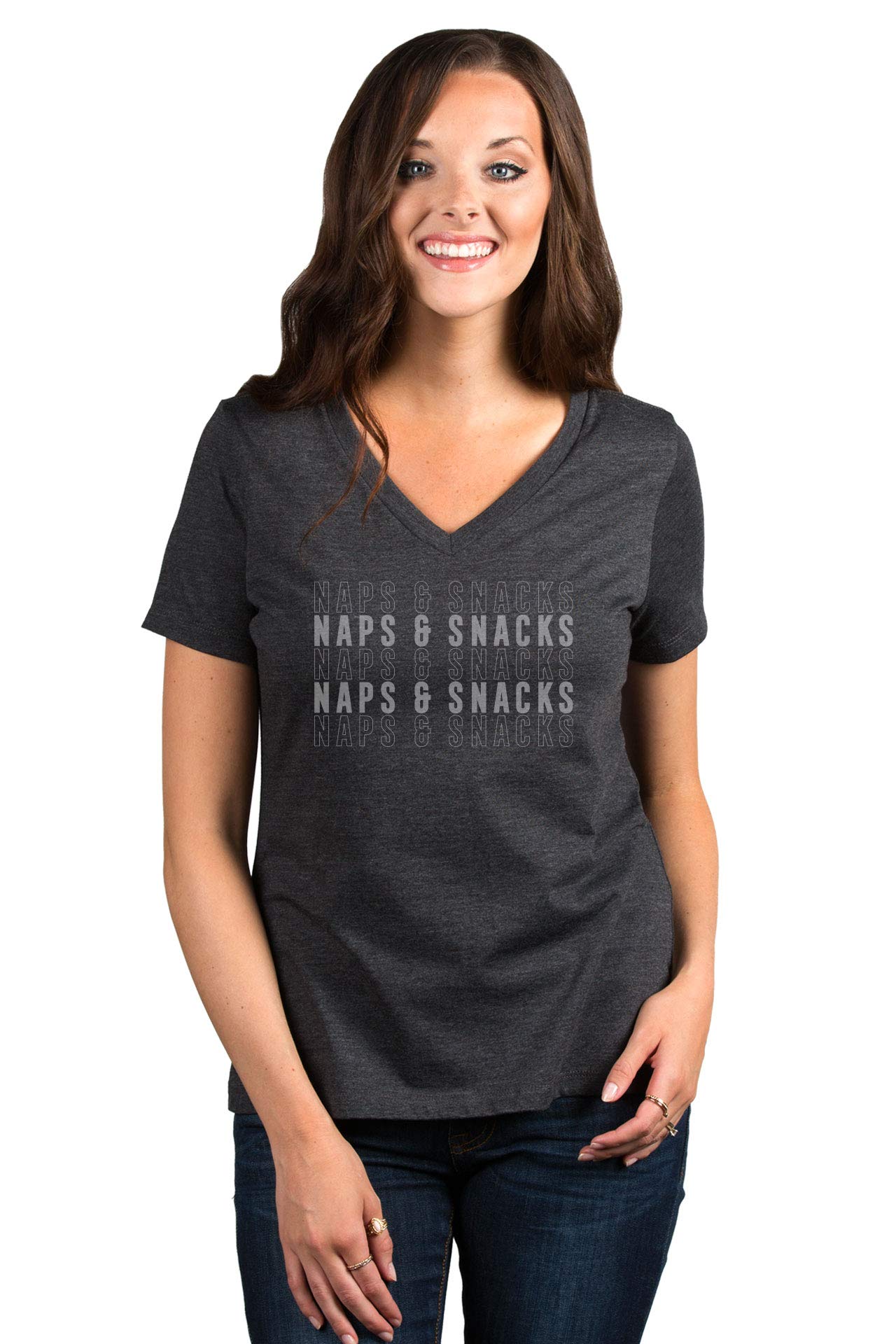 Thread Tank Naps and Snacks Women's Relaxed V-Neck T-Shirt | Soft Casual Tee for Everyday Wear & Lounge Outfits