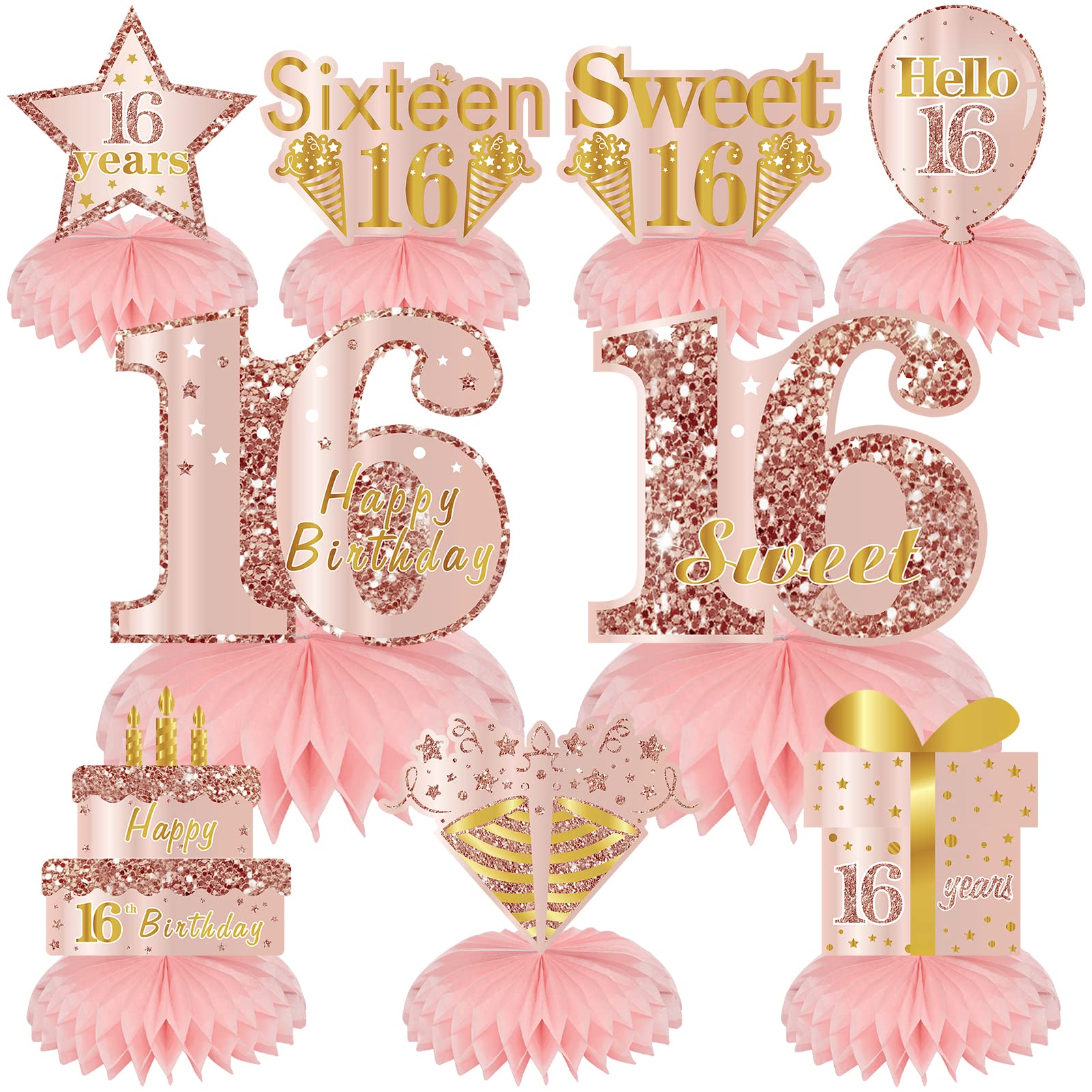 Sweet 16 Birthday Party Decorations - 9Pcs Pink Rose Gold Honeycomb Centerpieces for Girls, 16th Birthday Table Decorations & Party Supplies, Sixteen Year Old Birthday Table Toppers - Perfect for Sweet 16 Celebrations, Birthday Parties, Quinceañeras & Special Occasions