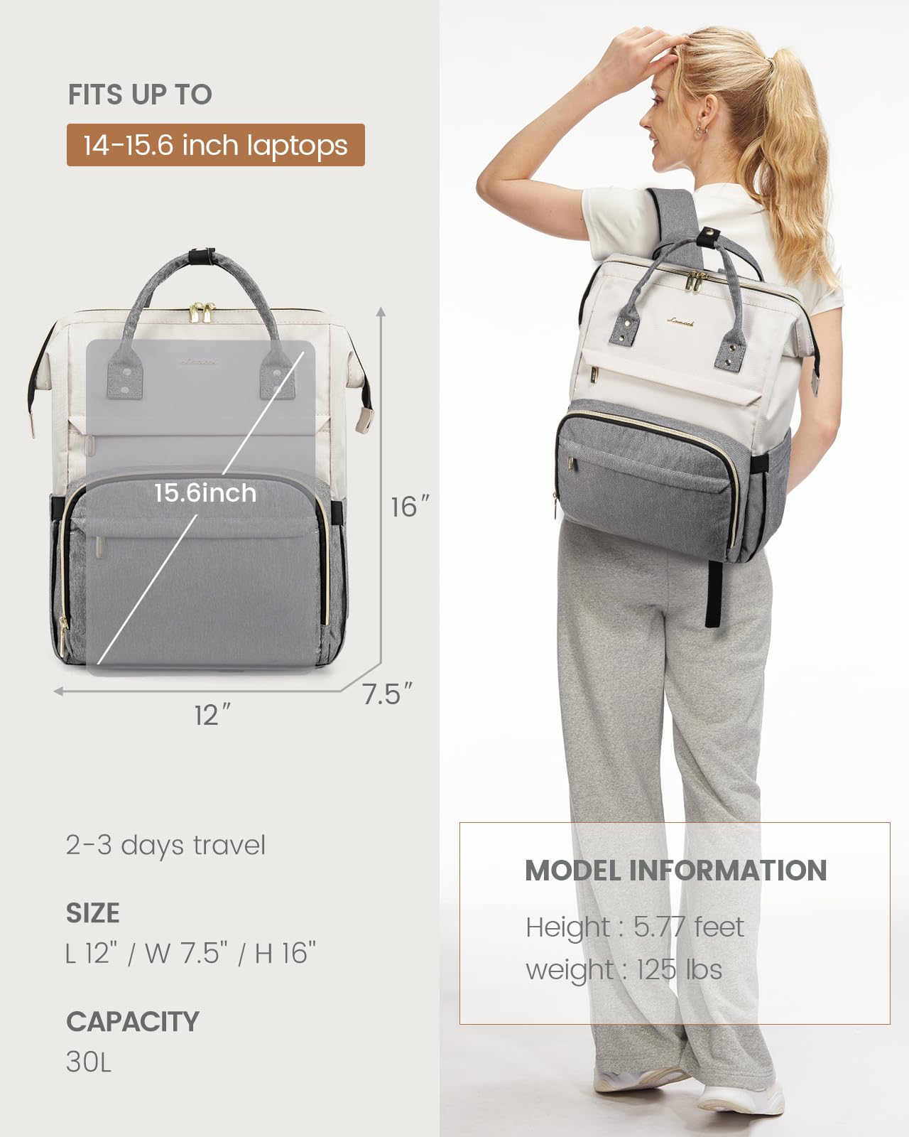 LOVEVOOK Stylish Laptop Backpack for Women - Fashionable Beige Grey Computer Backpack, Perfect for School, Work, Travel, and Daily Commute, Fits 15.6-Inch Laptop