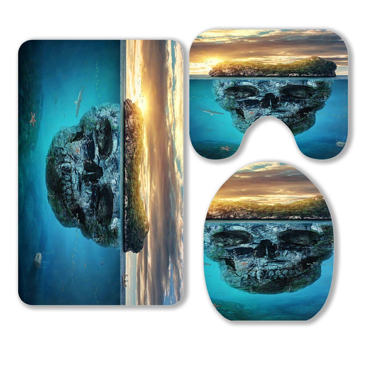 ABPHQTO Tropical Island Skull Rock Underwater Sunset 3-Piece Bathroom Rug Set - Non-Slip Bath Mat, Contour Mat & Toilet Lid Cover - Coastal Decor for Beach House Bathrooms