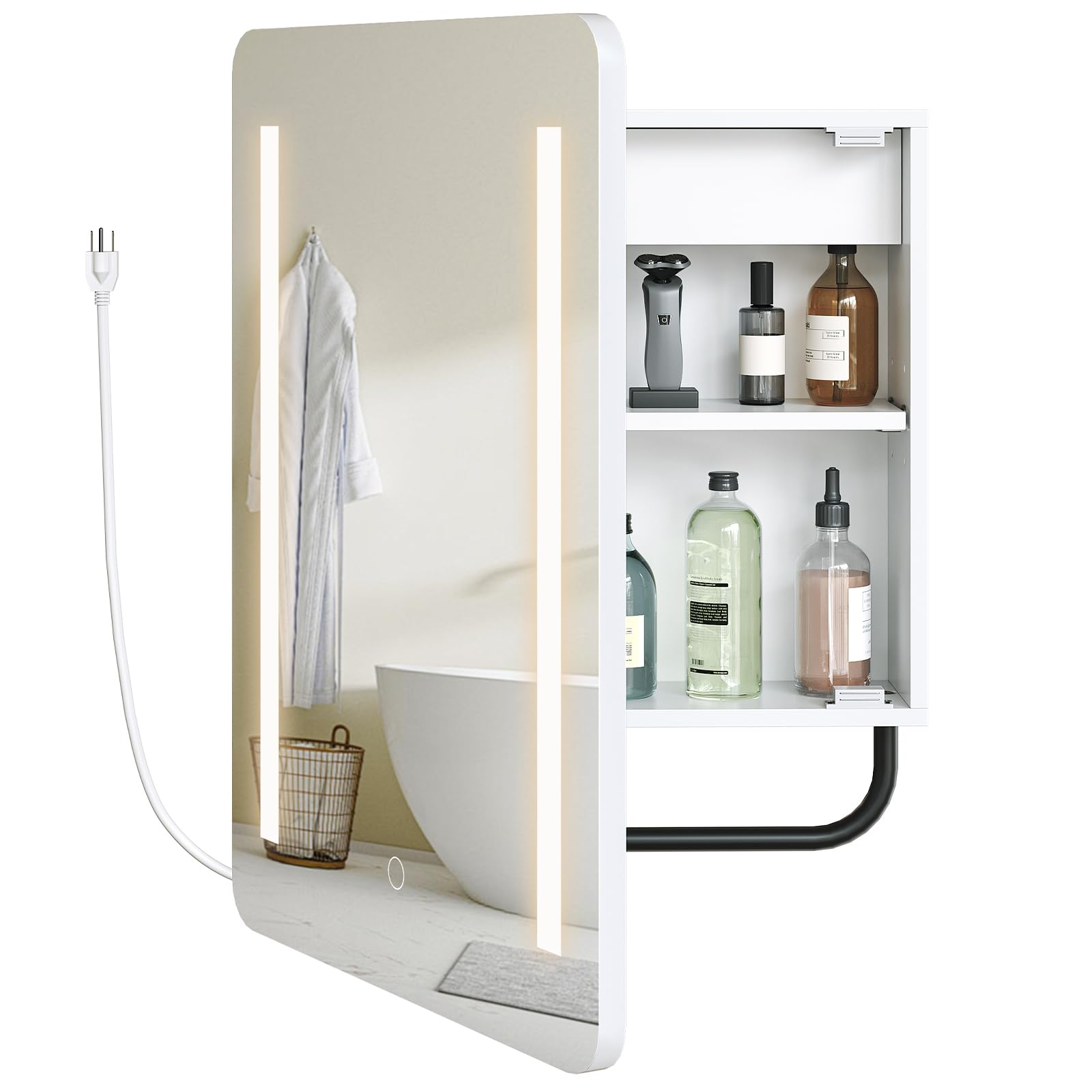 HOOBRO White Wall-Mounted LED Lighted Medicine Cabinet with Mirror - Adjustable Shelf, Storage Space, 2 Power Outlets & USB Charging Station - Perfect for Bathroom, Bedroom or Vanity Organization