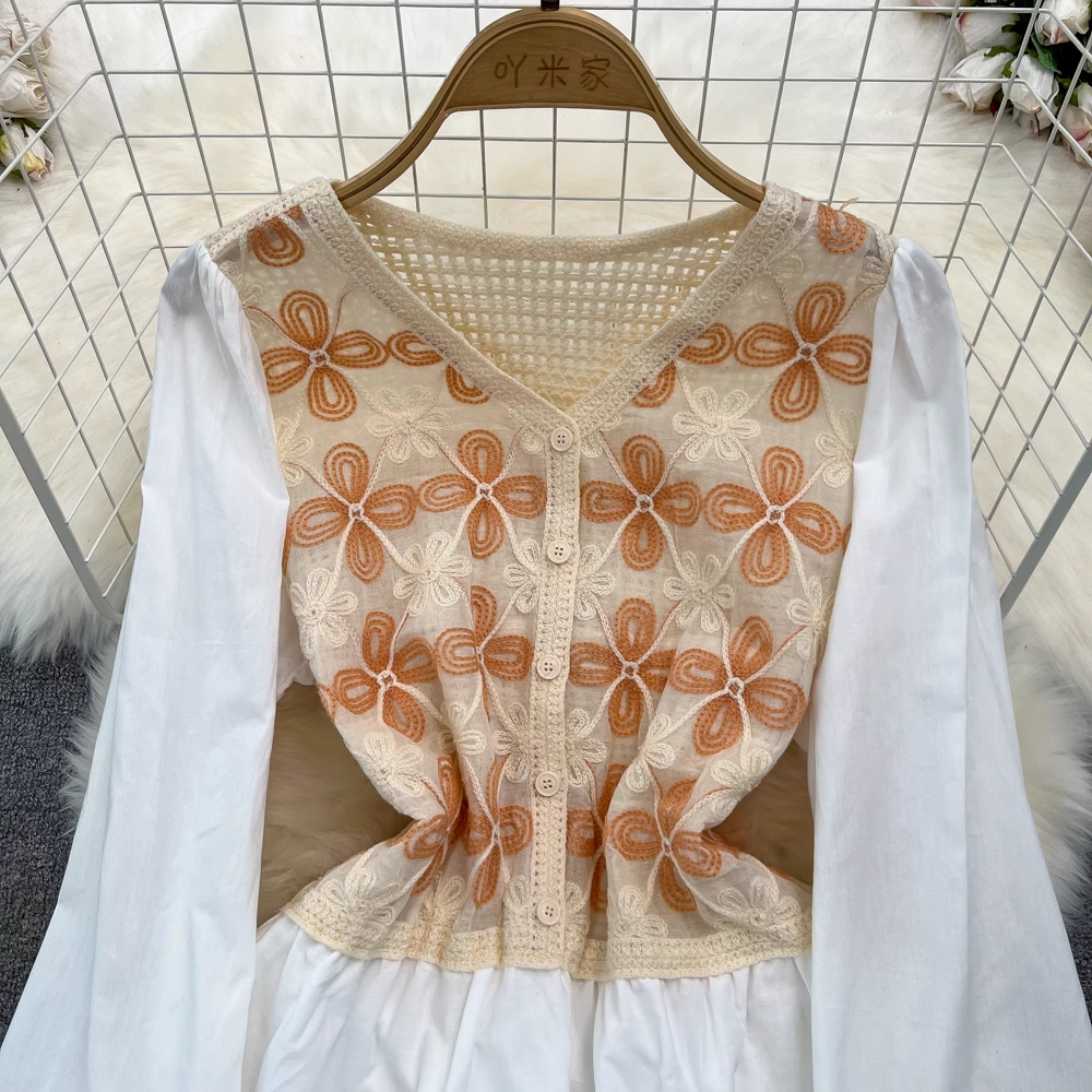 Fairy Sweet Bubble Long Sleeve V-Neck Knit Midi A-Line Dress 1354 - Elegant Casual Wear for Women, Perfect for Office, Date Night & Spring Outfits