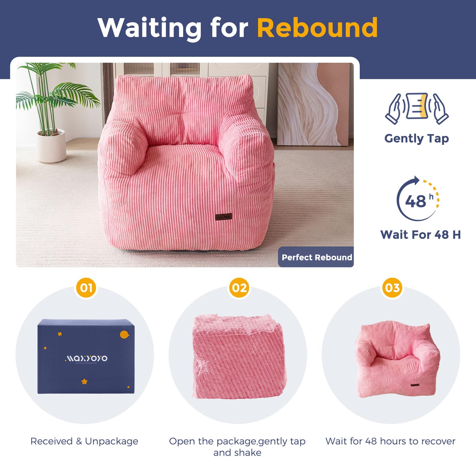 MAXYOYO Tufted Corduroy Bean Bag Chair for Adults & Teens - Pink Comfortable Lazy Sofa with Filler - Perfect for Living Room, Bedroom, Dorm or Game Room Relaxation