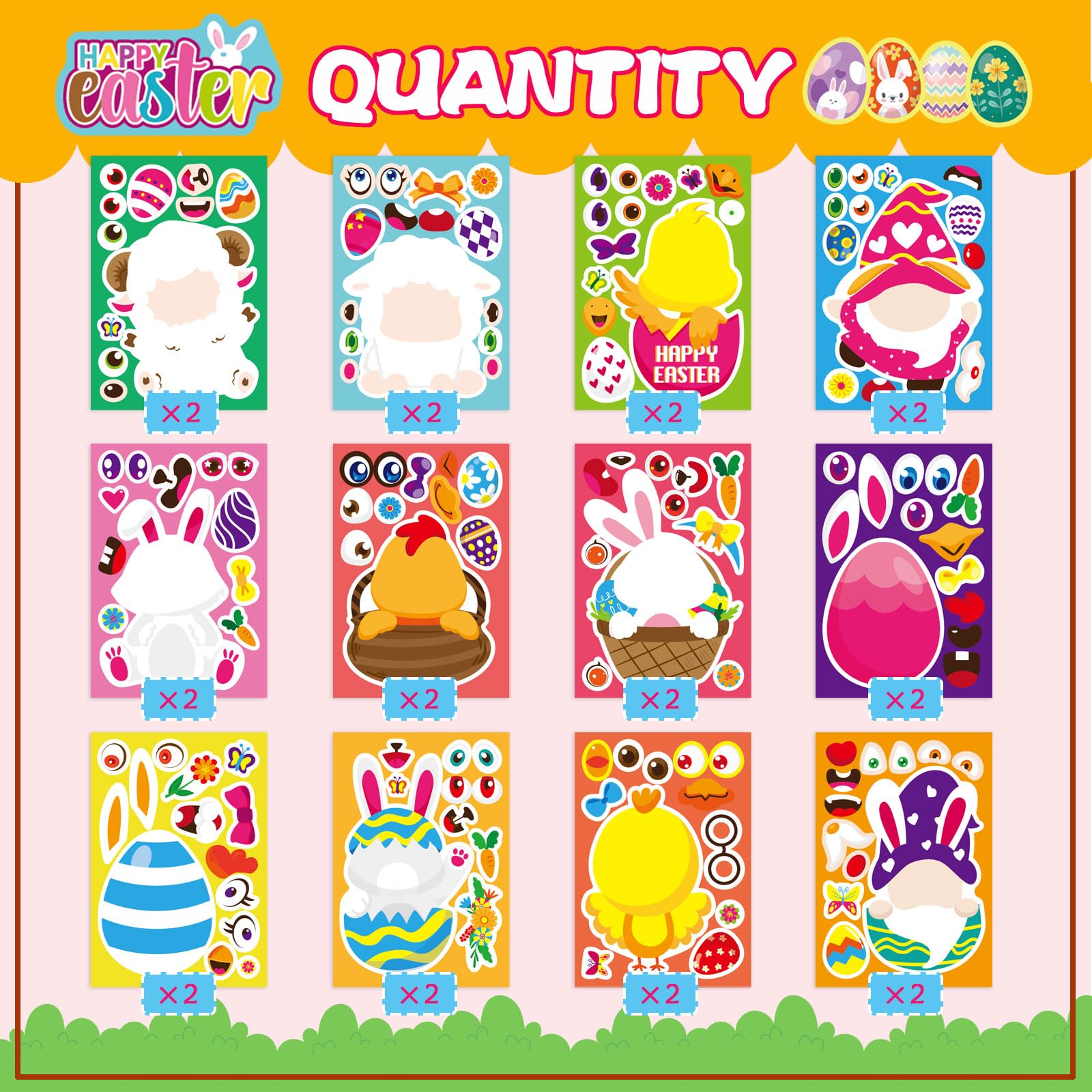 24 Sheets DIY Easter Make-a-Face Stickers for Kids - Easter Bunny, Chick, Lamb & Farm Animal Stickers for Boys & Girls - Fun Classroom, Party Favors & Family Activities