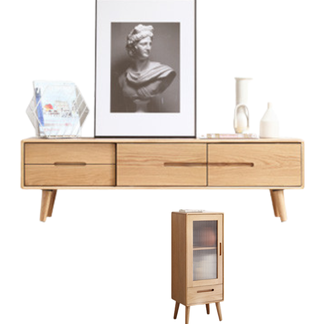 Solid Oak Wood TV Stand with Sliding Doors - Rustic Modern Entertainment Center for Living Room, Bedroom & Home Theater
