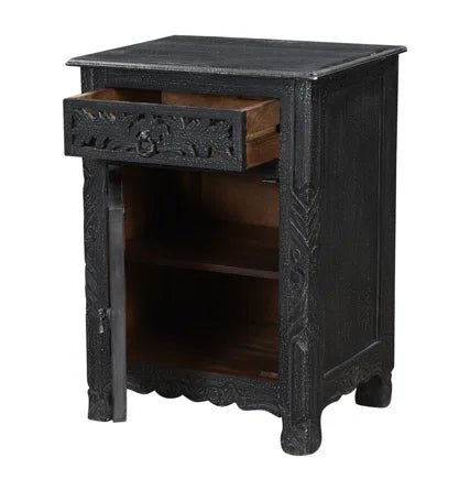 Hand Carved Black Nightstand Table - Solid Wood Bedside Table with Drawer for Bedroom, Living Room & Office Furniture Decor