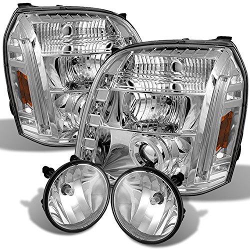 AKKON Chrome Halo Projector LED Headlights with Clear Fog Lights & Bulbs - Compatible with 2007-2014 GMC Yukon & Yukon XL 1500/2500 - Upgrade for Night Driving & Off-Road Adventures