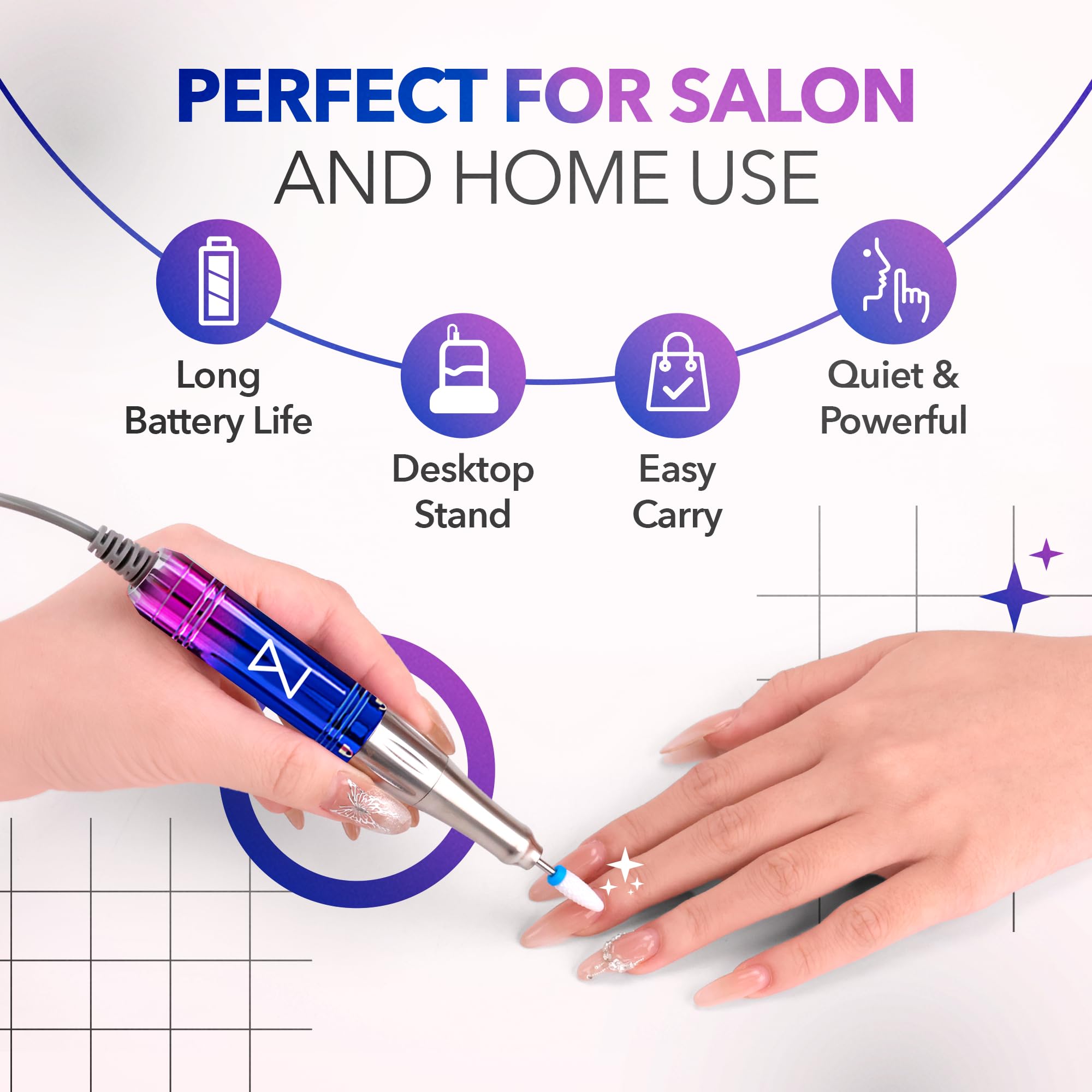 Professional Nail Drill Machine - Coreless 2-in-1 Electric Nail File, Cordless 35000 RPM with HD Display - Perfect for Salon & Home Manicures - Unicorn Pink & Blue Design