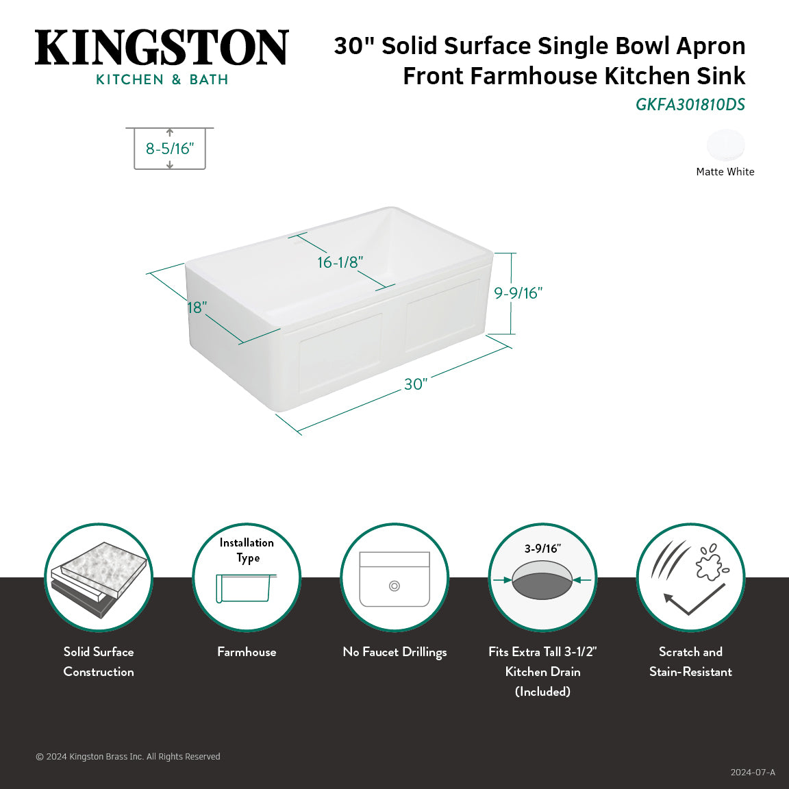 Arcticstone 30 Inch White Farmhouse Kitchen Sink - Solid Surface Apron Front Single Bowl with Strainer, Matte Finish - Perfect for Modern Farmhouse & Rustic Kitchen Designs