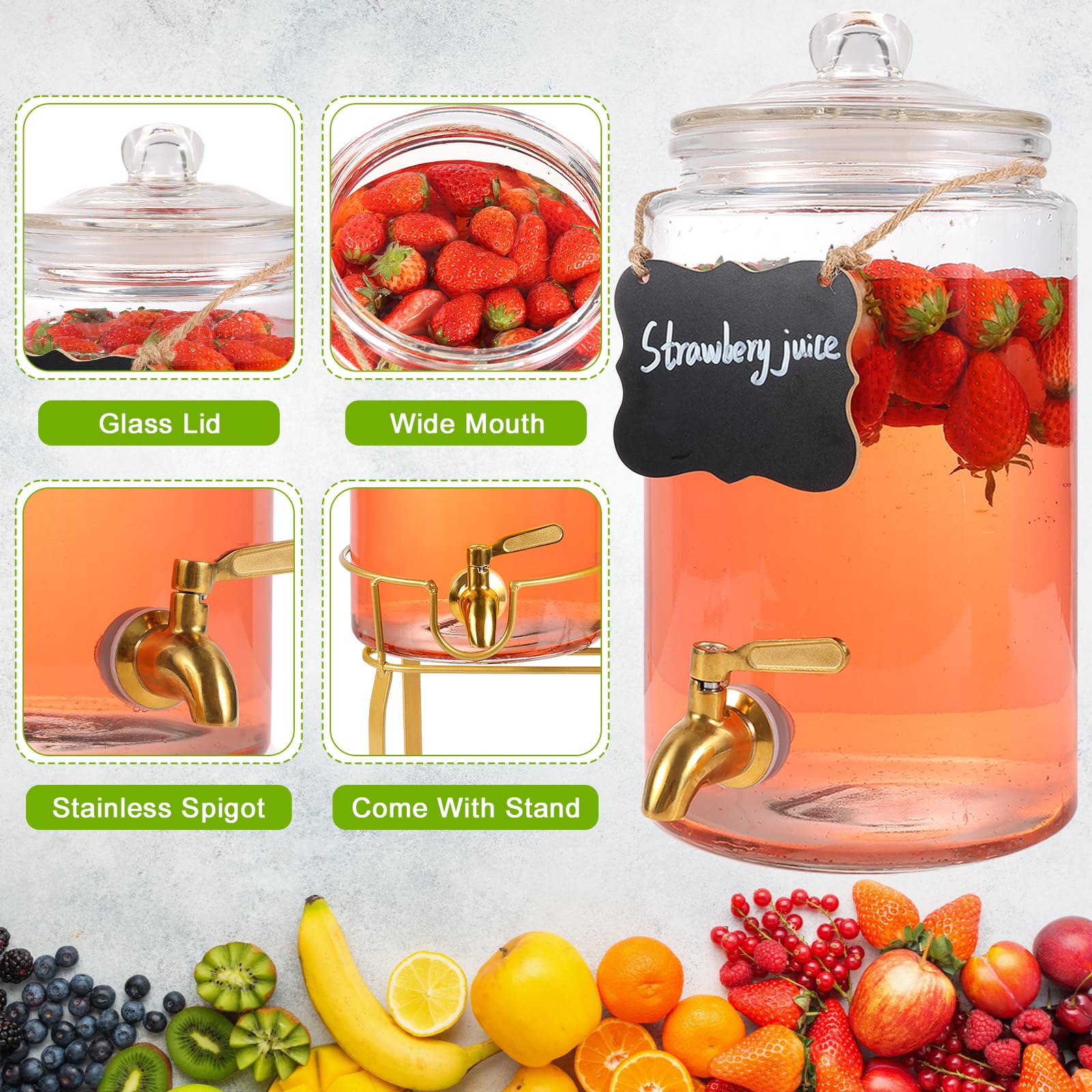 1 Gallon Glass Beverage Dispenser with Stand & Stainless Steel Spigot - Chalkboard Marker Included - Perfect for Lemonade, Juice, Tea & Party Drinks - Ideal for Weddings, BBQs, Picnics & Outdoor Events