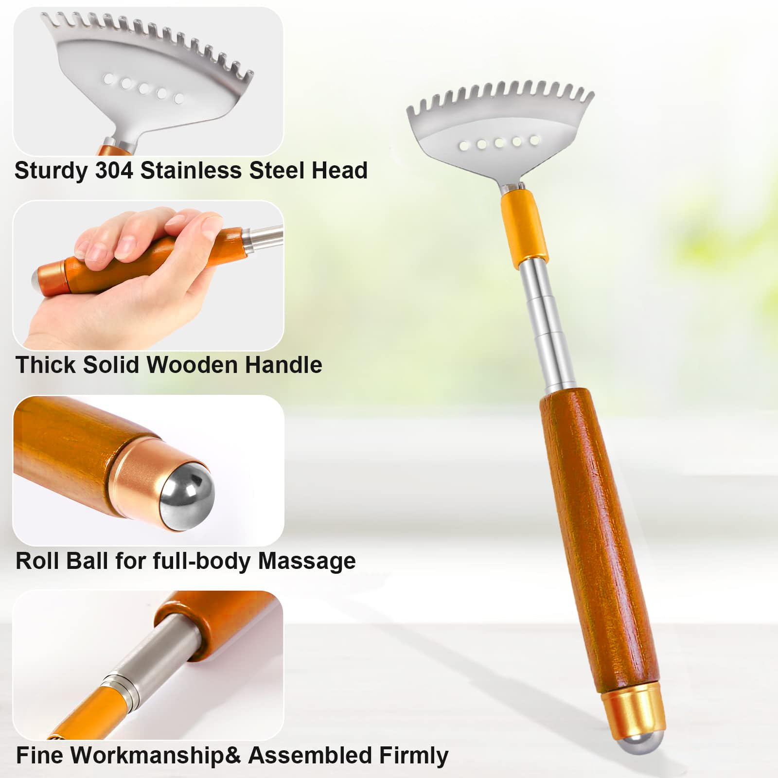 Telescopic Back Scratcher with Steel Roller Ball - Extendable Metal Scratcher with Wooden Handle, Wide Claw Design for Back, Scalp & Body Relief - Portable Massage Tool for Home, Office & Travel Use