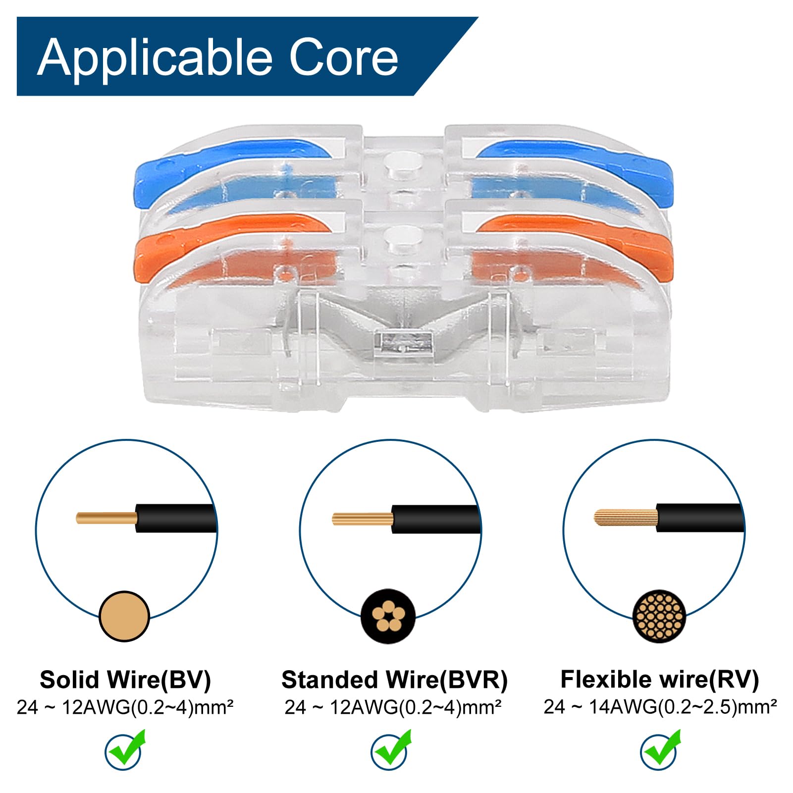 20pcs Lever Wire Connectors - Compact 1 to 1 Inline Electrical Connectors for 28-12 AWG (10 Blue + 10 Orange) - Ideal for Home Wiring, DIY Electrical Projects, and Appliance Repairs