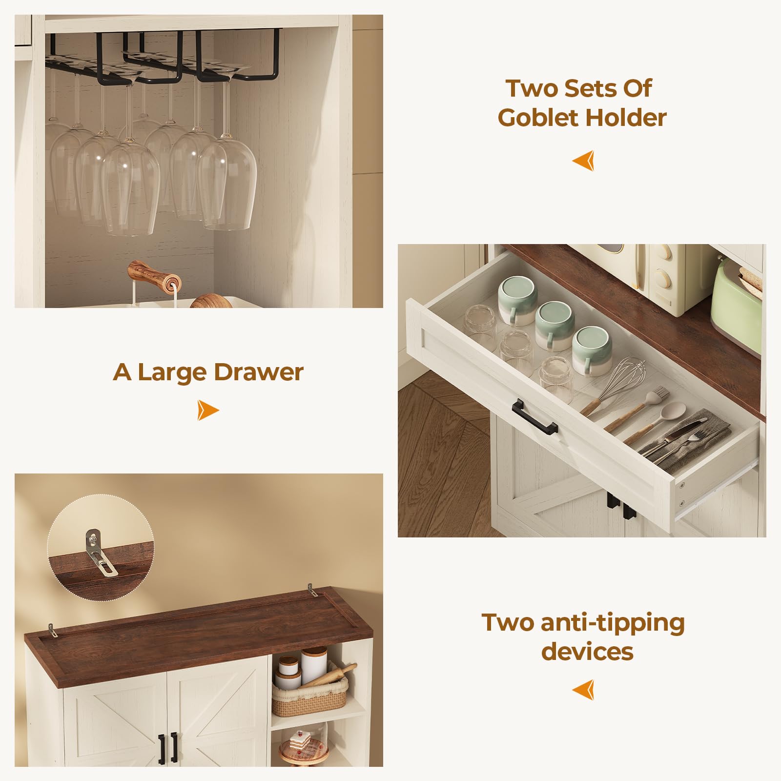 Farmhouse Kitchen Pantry Storage Cabinet with Bar Cabinet, Drawers & Adjustable Shelves - Freestanding Hutch for Kitchen, Dining Room & Living Room - Versatile Home Organization Furniture in Off White - Perfect for Small Spaces, Open Shelving & Rustic Decor