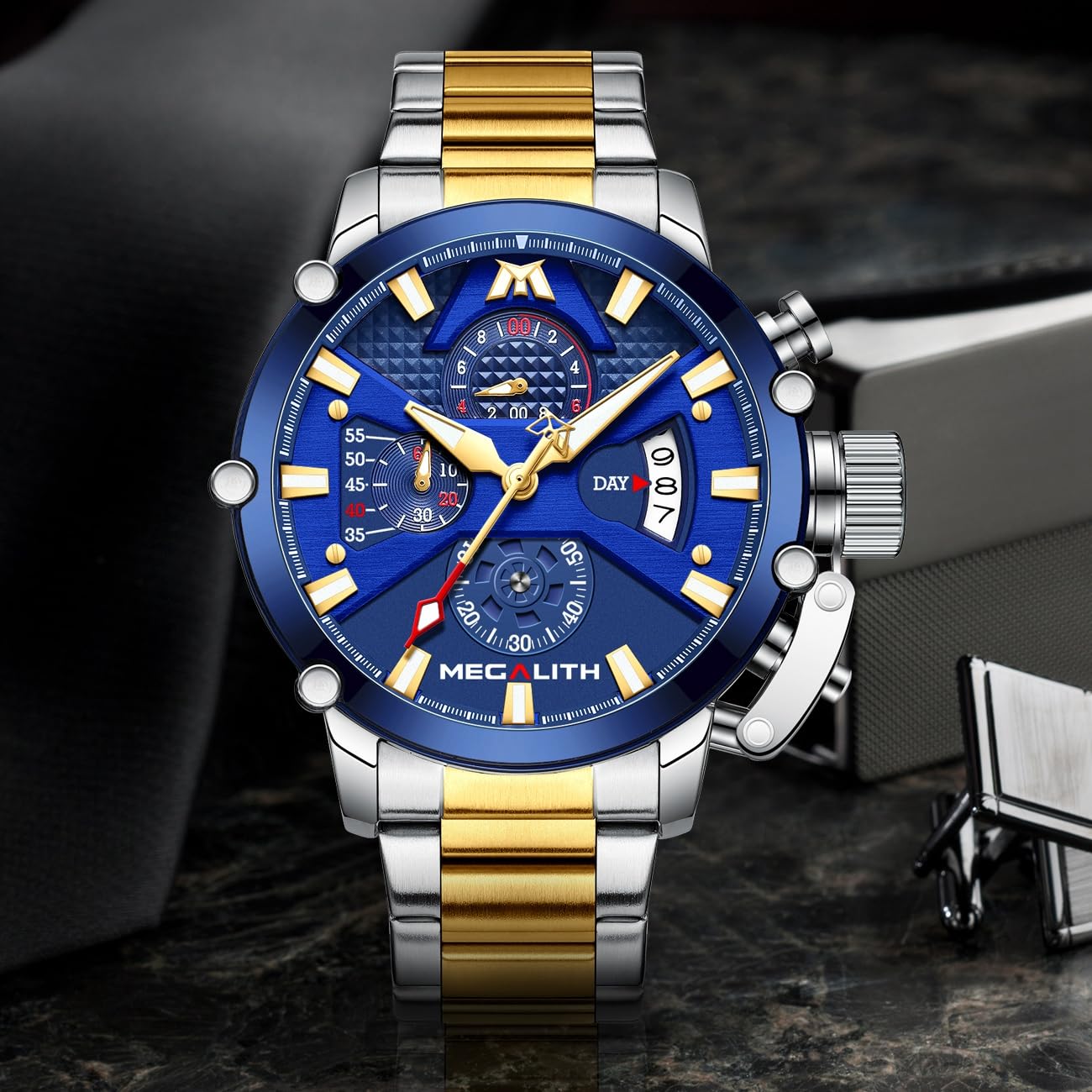 MEGALATH Men's Stainless Steel Chronograph Watch 45mm - Waterproof Analog Quartz Date Luminous Multifunctional Wristwatch for Men - Perfect for Outdoor, Business, Casual & Sports Wear