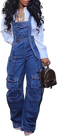 KELYWELL Women's Denim Jumpsuit - Stretch Elastic Waist Straight Leg Cargo Jeans with Pockets | Y2K Fashion, Summer Outfits for Casual Wear, Street Style & Outdoor Activities