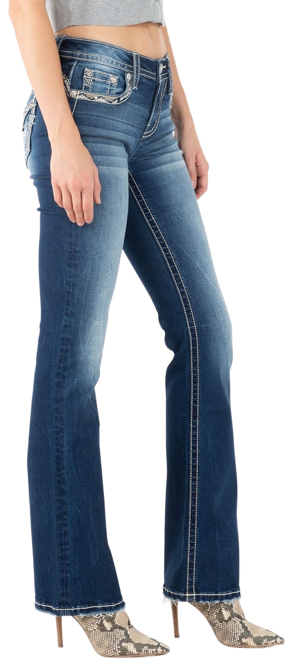 Miss Me Women's Mid-Rise Blue and Gold Bliss Embellished Boot Cut Jeans with Faux Flap Pockets - Stylish Denim Pants for Casual Wear, Night Out & Everyday Fashion
