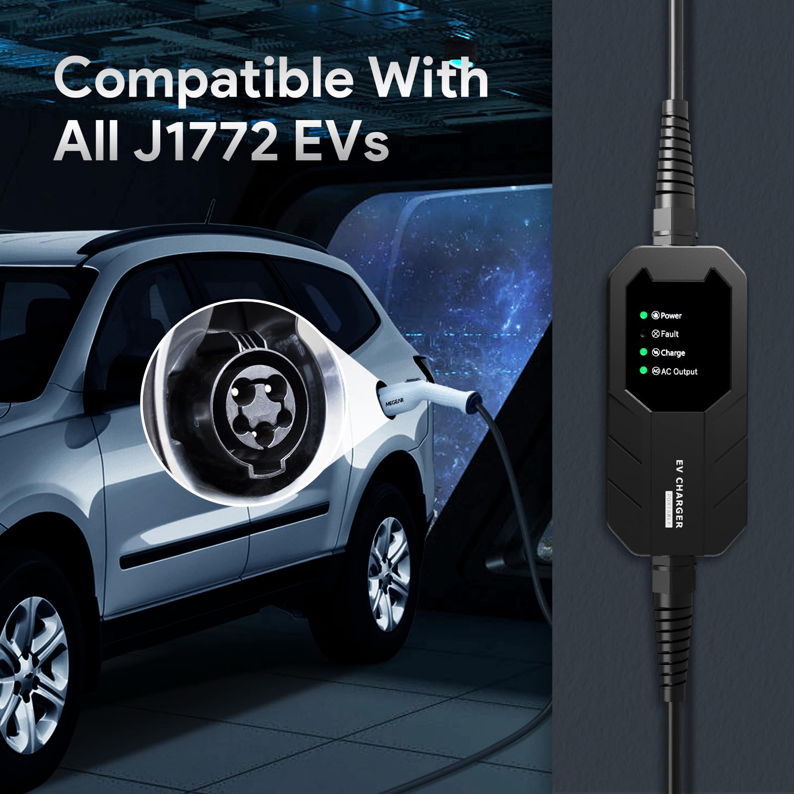 Level 1 & Level 2 EV Charger with 5 Adapters - 16A, 100-240V, 25FT Cable - Portable Electric Vehicle Charging Station for Home & Travel - Fast Charging for Tesla, Nissan, Chevy & More EVs