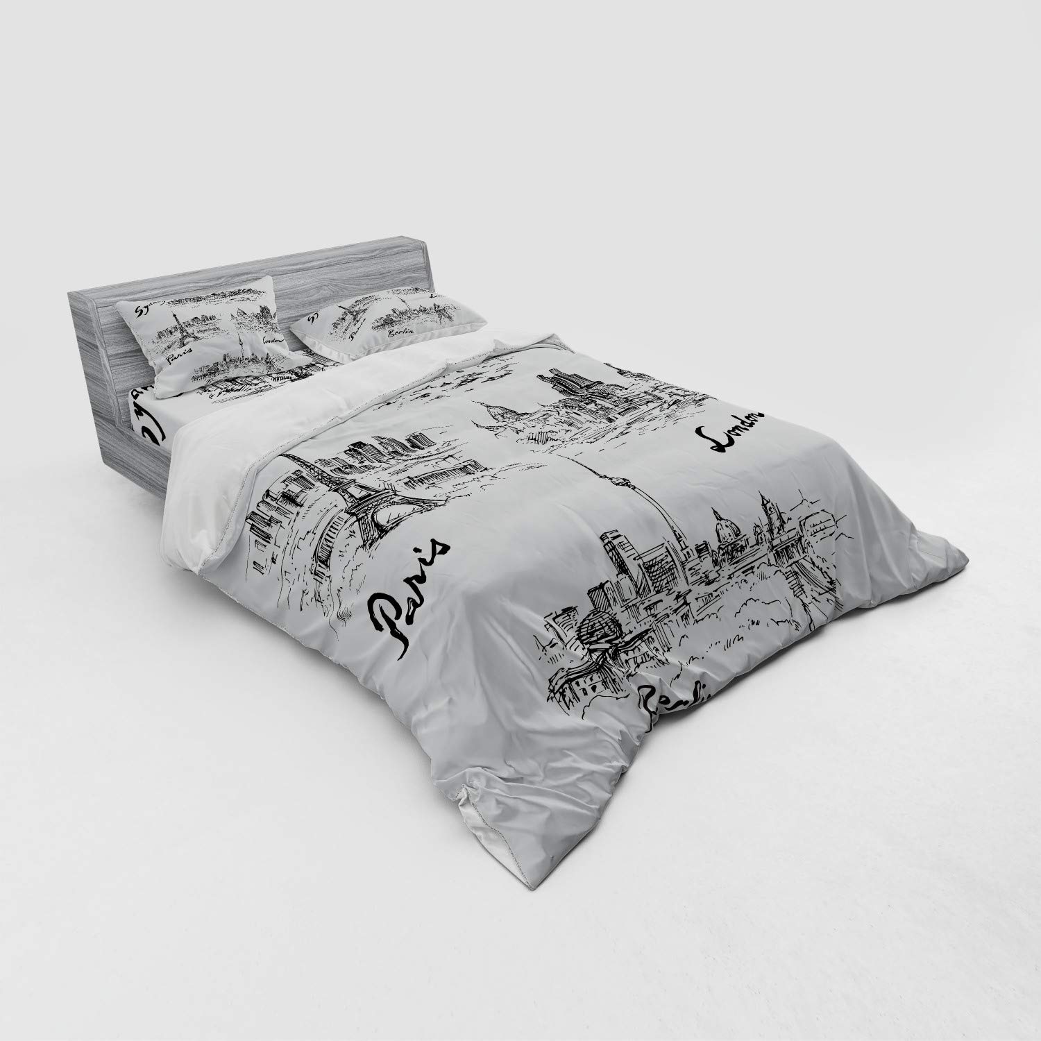 Ambesonne 4-Piece Queen Duvet Cover Set - World City Silhouette Print (Paris, Sydney, Berlin, London) in Cream & Black | Includes Shams & Fitted Sheet | Perfect for Travel-Themed Bedrooms, Guest Rooms & Vacation Rentals