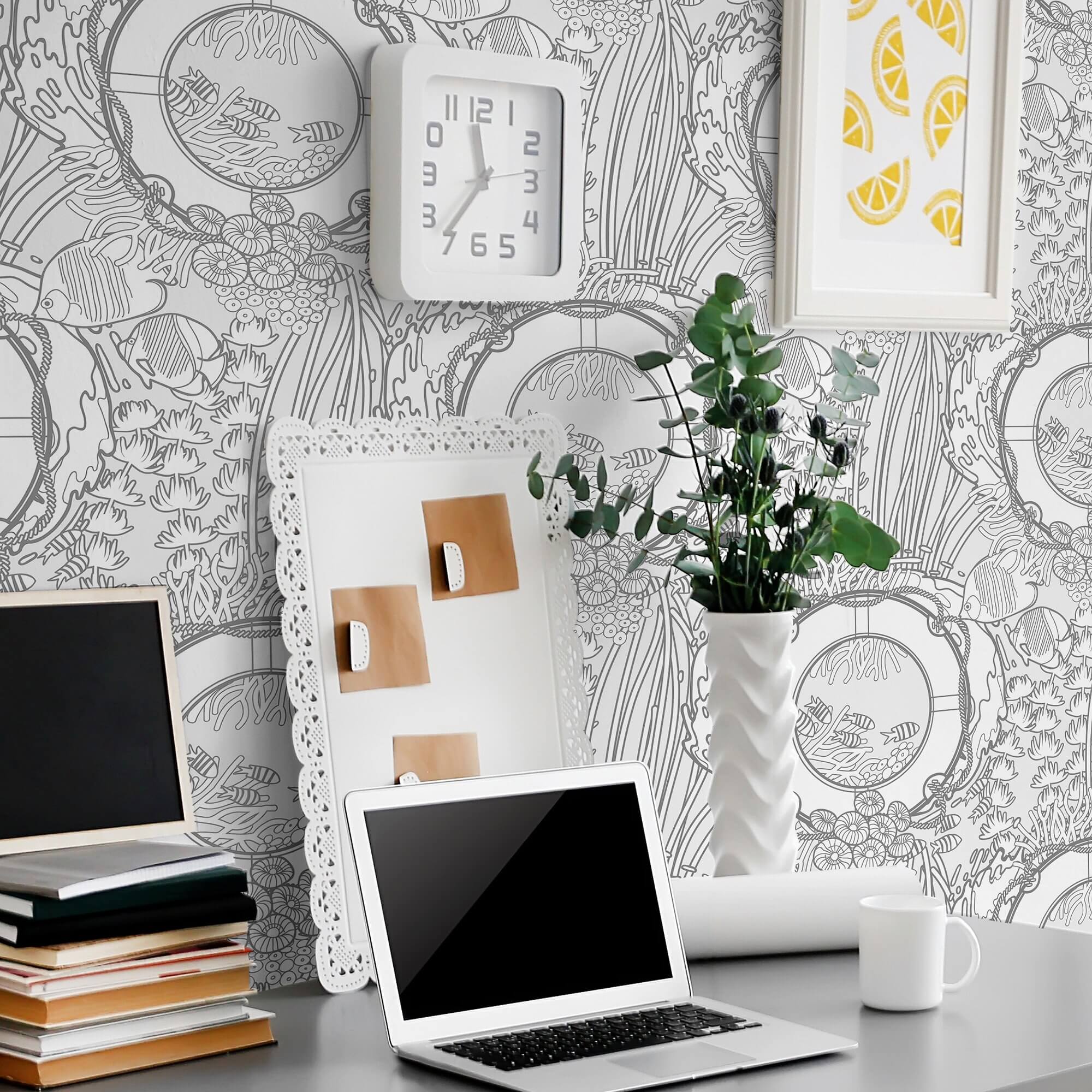 White and Grey Fish Nautical Peel and Stick Removable Wallpaper - Self-Adhesive Decorative Wall Covering for Bathroom, Nursery & Coastal Home Decor