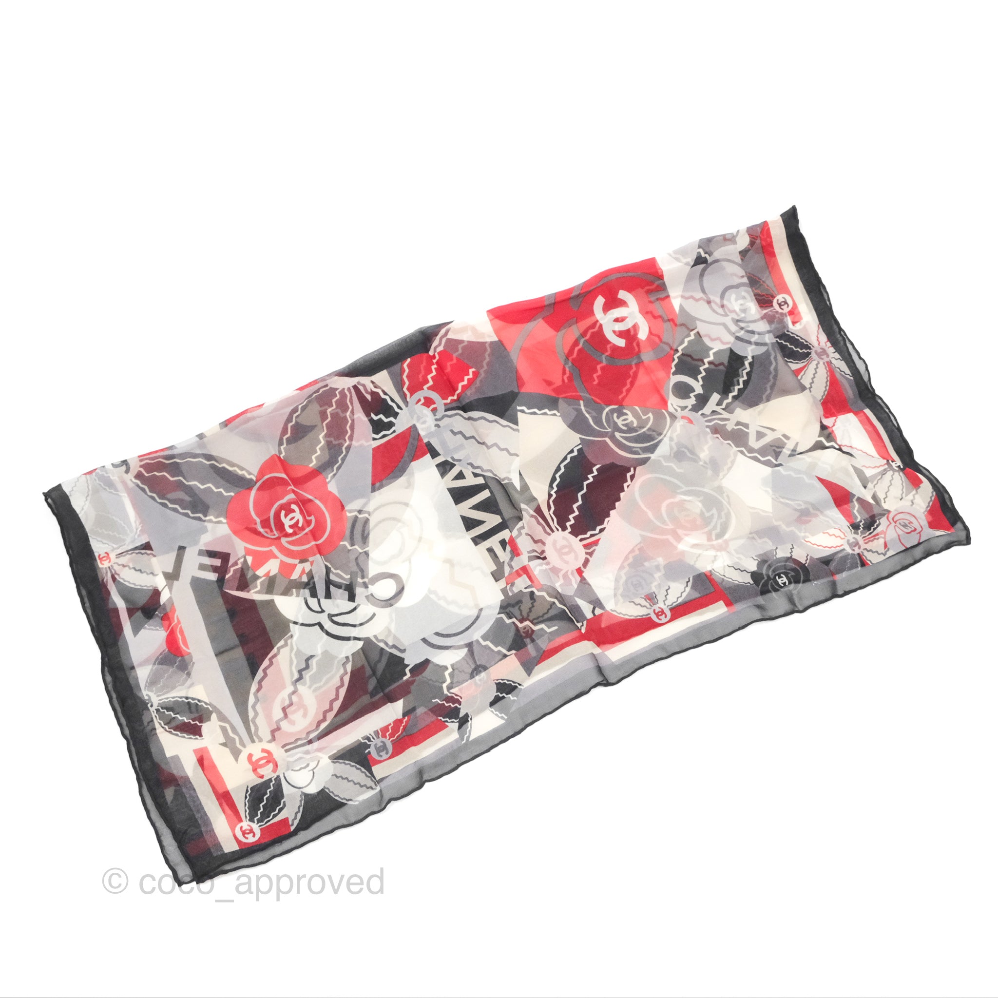 Chanel CC Silk Square Scarf 90 - Elegant Grey Red White Pattern - Luxury Fashion Accessory for Women - Perfect for Gifts, Parties, and Everyday Style