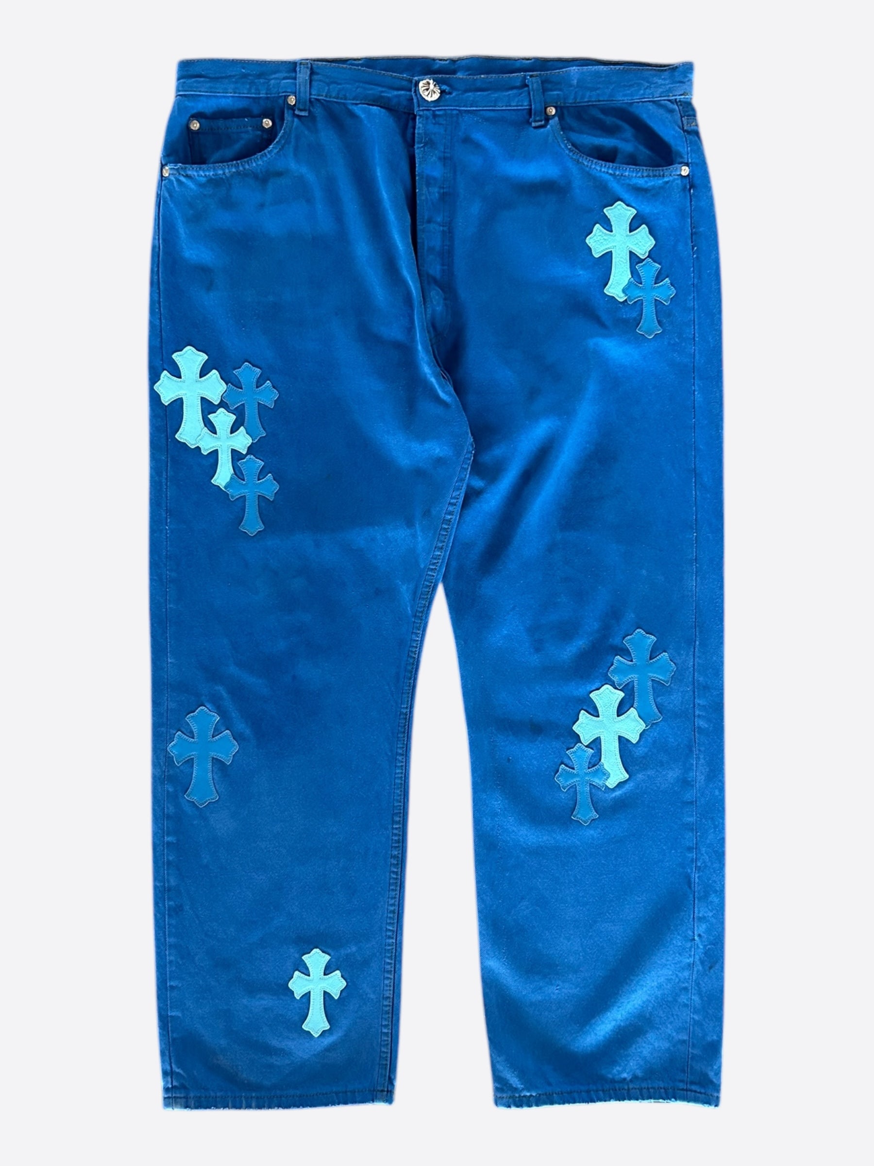 Chrome Hearts x Levi's London Exclusive Blue Dyed Cross Patch Denim Jeans for Men - Vintage Distressed Skinny Fit Pants | Perfect for Streetwear, Fashion Shows & Night Out