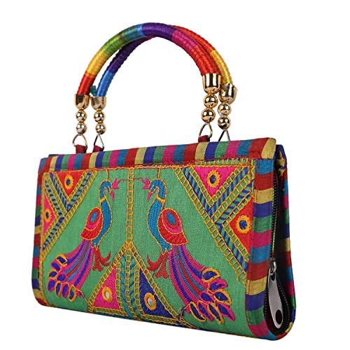 Elegant Women's Silk Clutch Handbag with Intricate Embroidery - Green Evening Purse for Weddings, Parties & Special Occasions