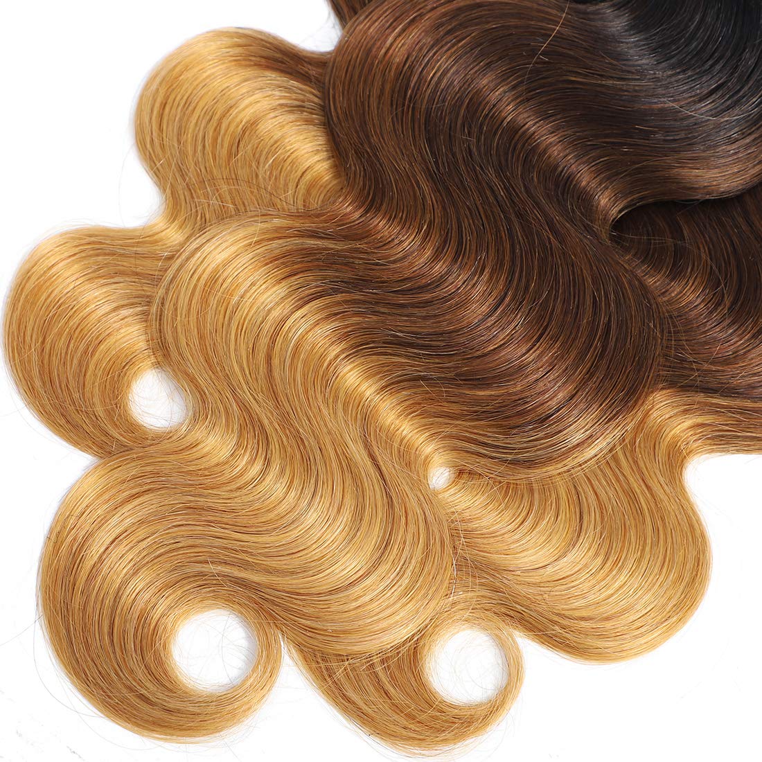 AUTTO 100% Virgin Brazilian Human Hair Weaves Extensions - 3 Bundles Body Wave Ombre 1B/4/27 Honey Brown Hair 14
