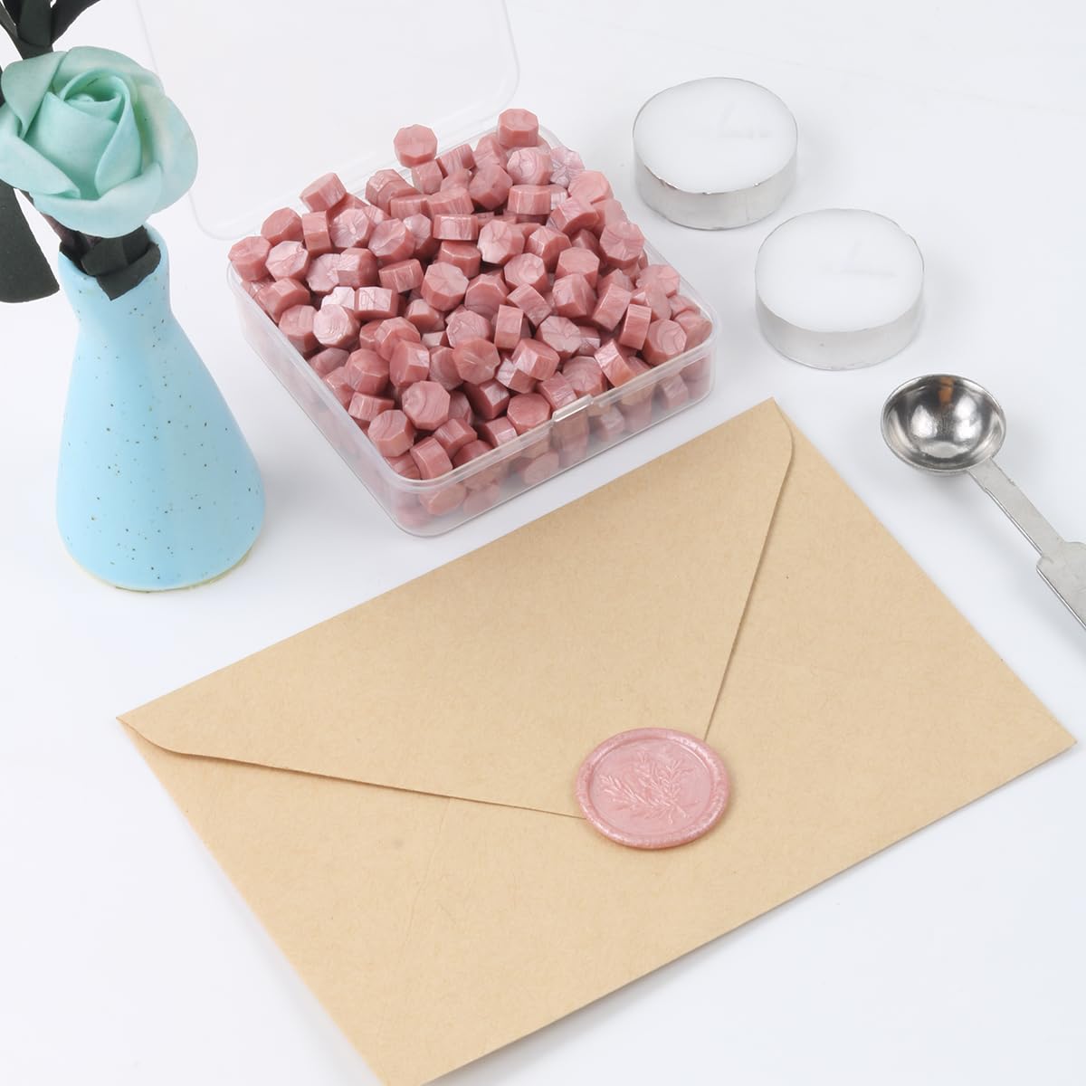 300Pcs Rose Gold Sealing Wax Beads Kit - Wax Seal Stamp Set with Candles, Melting Spoon & Storage Box - Perfect for Wedding Invitations, Christmas Cards, Envelopes, Gift Wrapping & DIY Crafts - Elegant Letter Sealing for Special Occasions