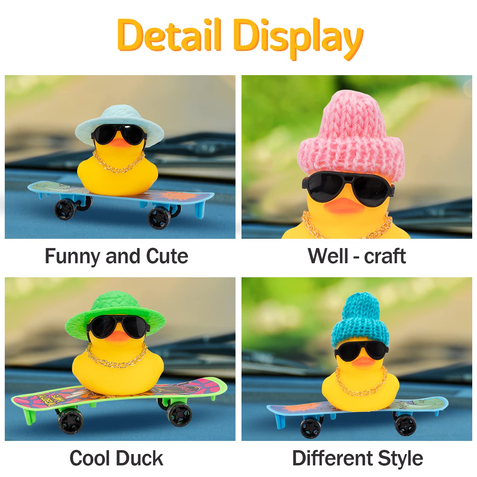 Wonuu Car Duck Ornament - Rubber Duck Dashboard Decoration with Mini Hat, Necklace, Sunglasses, Chair & Skateboard - Fun Car Accessory for Dashboard, Office Desk, or Home Decor