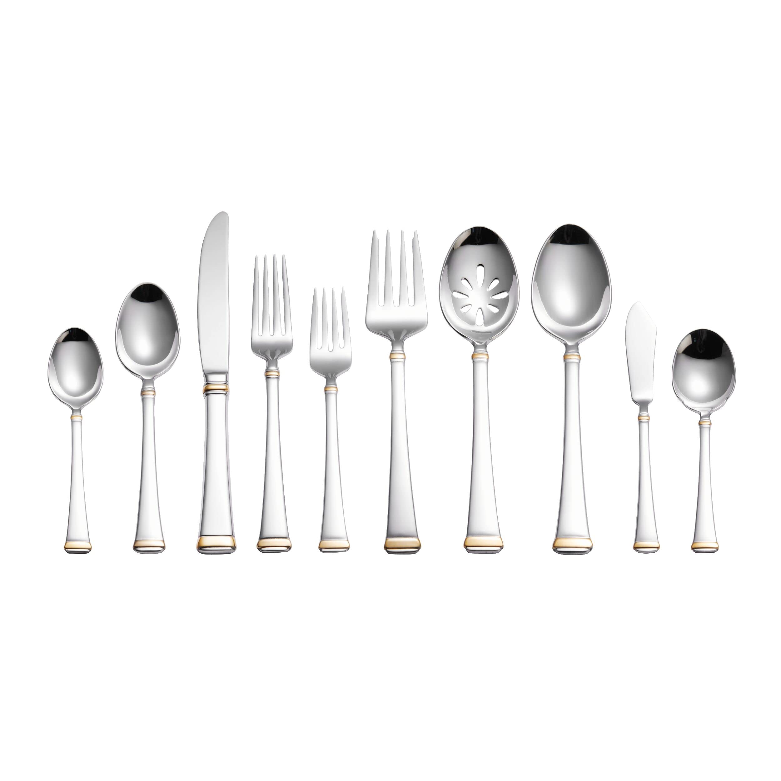 Premium Mikasa 65-Piece Gold Accent Harmony Flatware Set for 12 - 18/10 Stainless Steel Silverware with Serving Utensils - Elegant Dinnerware for Weddings, Holidays & Formal Dining
