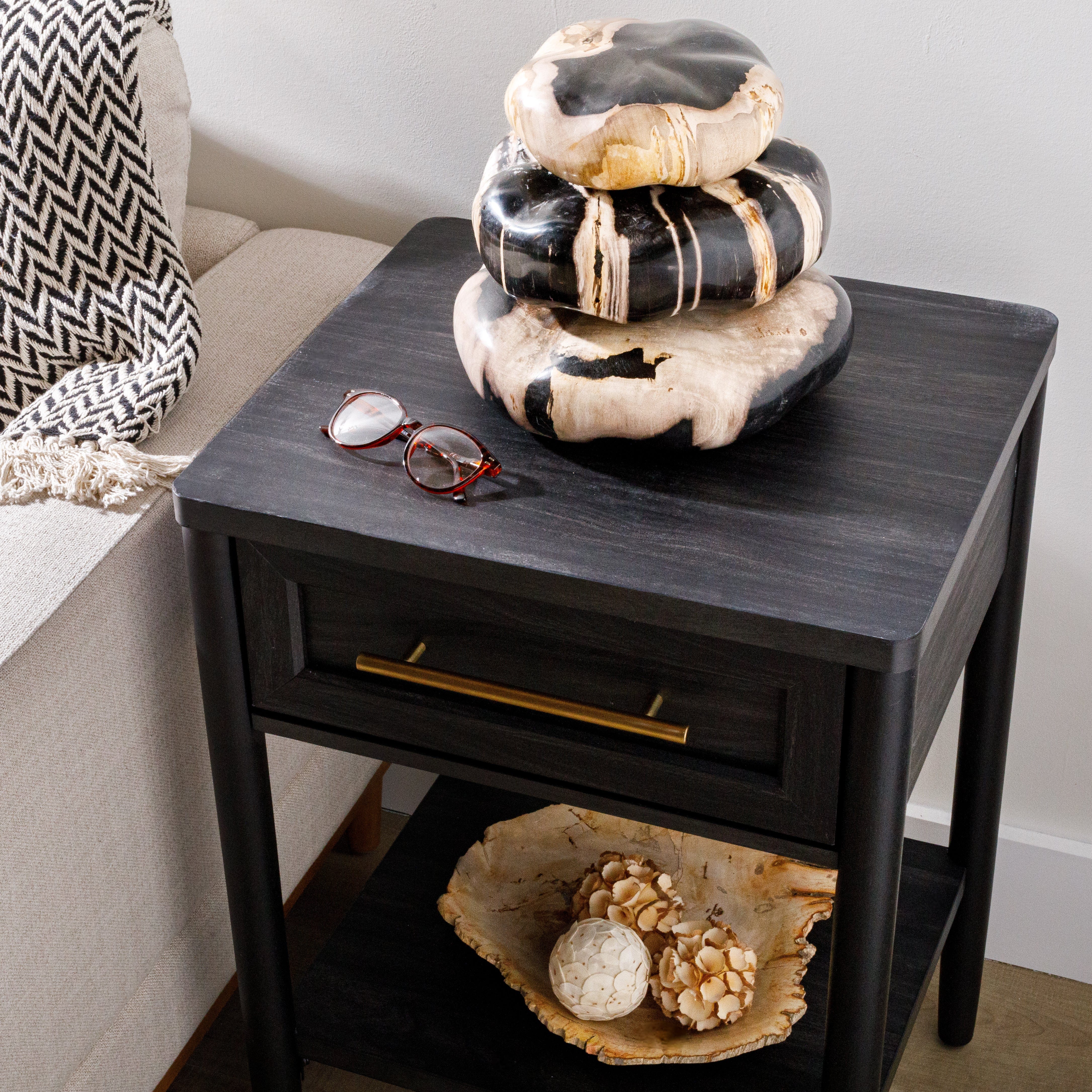 10-Piece Black Petrified Wood Sculpture Stack Set - Natural Stone Home Decor for Zen Garden, Office Desk & Meditation Space