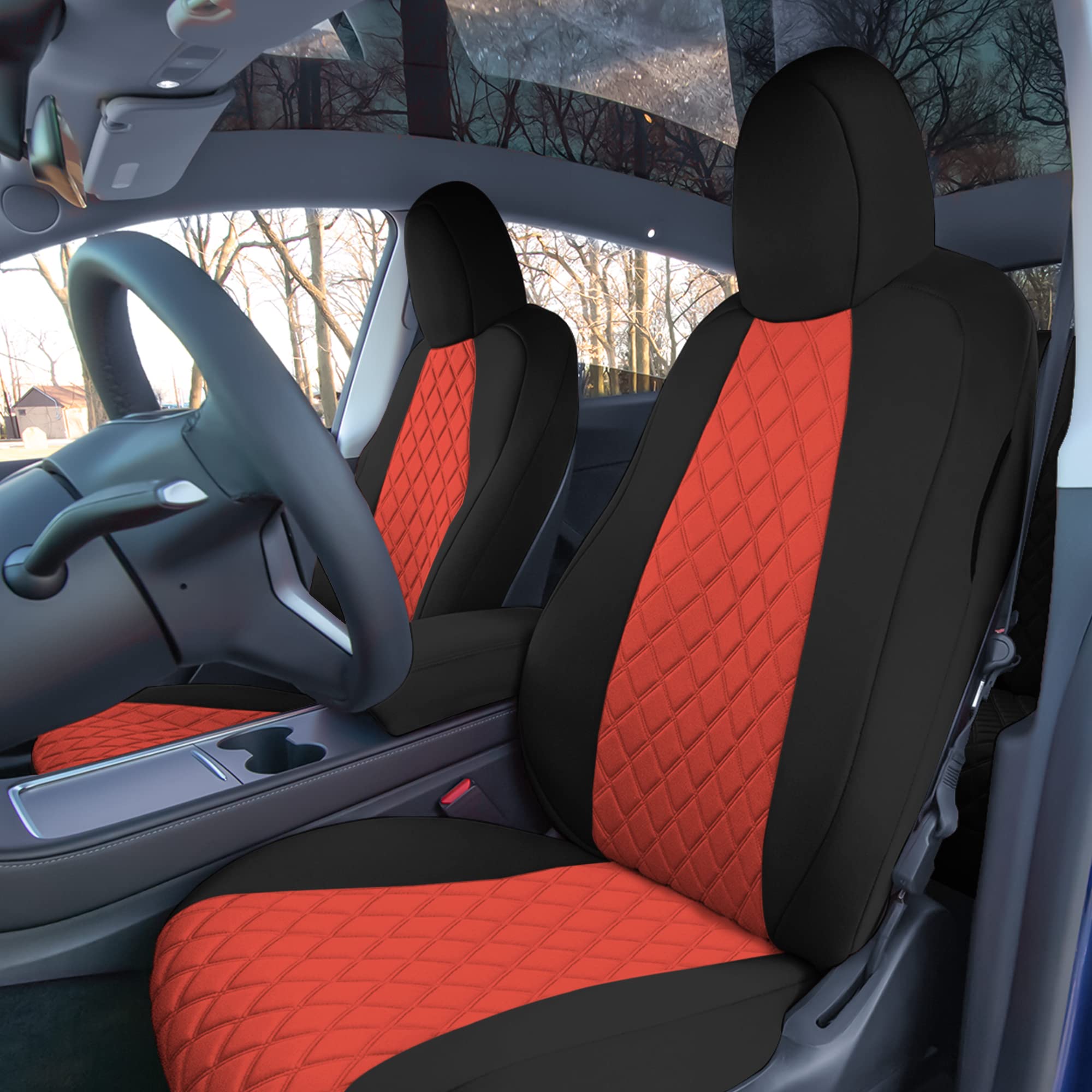 Custom Fit Waterproof Tesla Model Y Seat Covers (2020-2024) - Front Set in Red | Premium Automotive Interior Accessories | Perfect for Road Trips & Daily Commutes