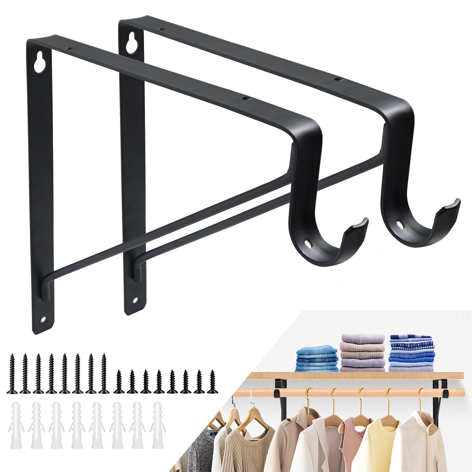 2 Pack Heavy Duty Closet Rod Brackets - Black Shelf & Rod Support for 1-3/8” Diameter Rods (10.8” x 10.8”) - Perfect for Closet Organization, Wardrobe Storage & Home Improvement Projects