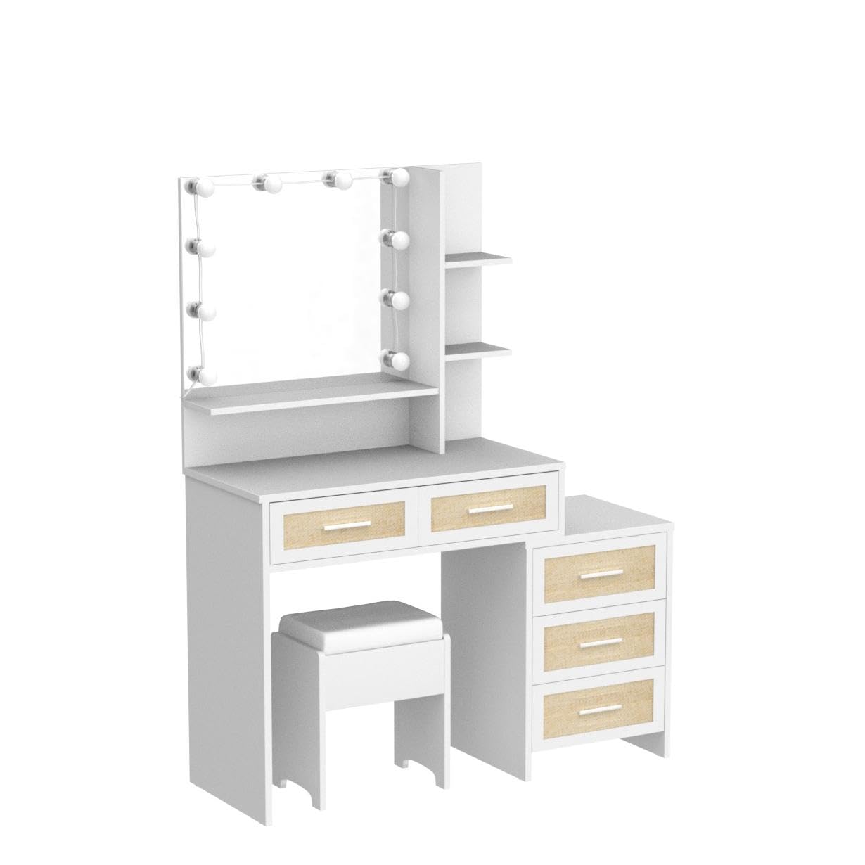 Boho Makeup Vanity Desk with Mirror & Lights - Rattan Dressing Table Set with Nightstand, 5 Drawers, 10 LED Bulbs & Cushioned Stool - White Metal Silver Handle Vanity for Bedroom, Dressing Room & Home Decor
