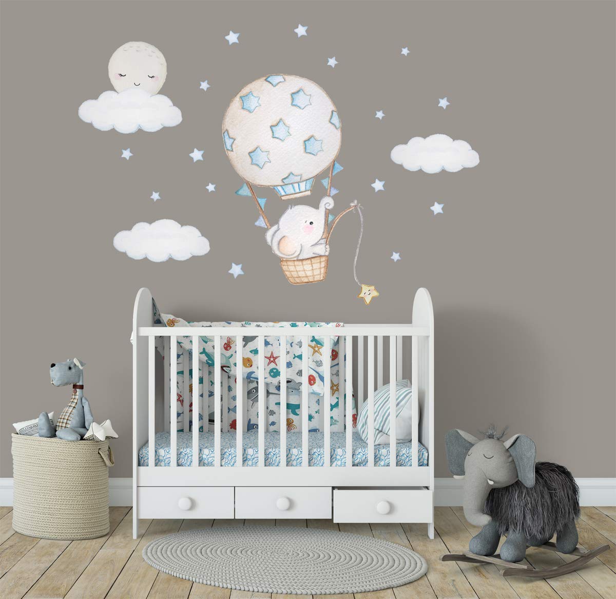 Elephant Nursery Wall Decal - Moon & Hot Air Balloon Decor for Girls - Pink Elephant Sticker with Stars - Perfect for Baby Room, Kids Bedroom & Playroom Decor