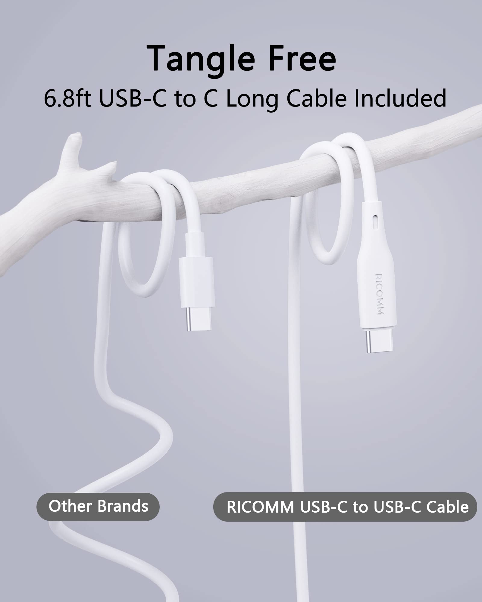 65W USB-C GaN Fast Charger with 6.8FT Soft Silicone Cable - PPS PD 3.0 Foldable Travel Wall Charger for MacBook Pro/Air, iPhone 15/14 Pro Max, iPad, AirPods, Samsung Galaxy S24/S23/S22 - Perfect for Home, Office & Travel Charging