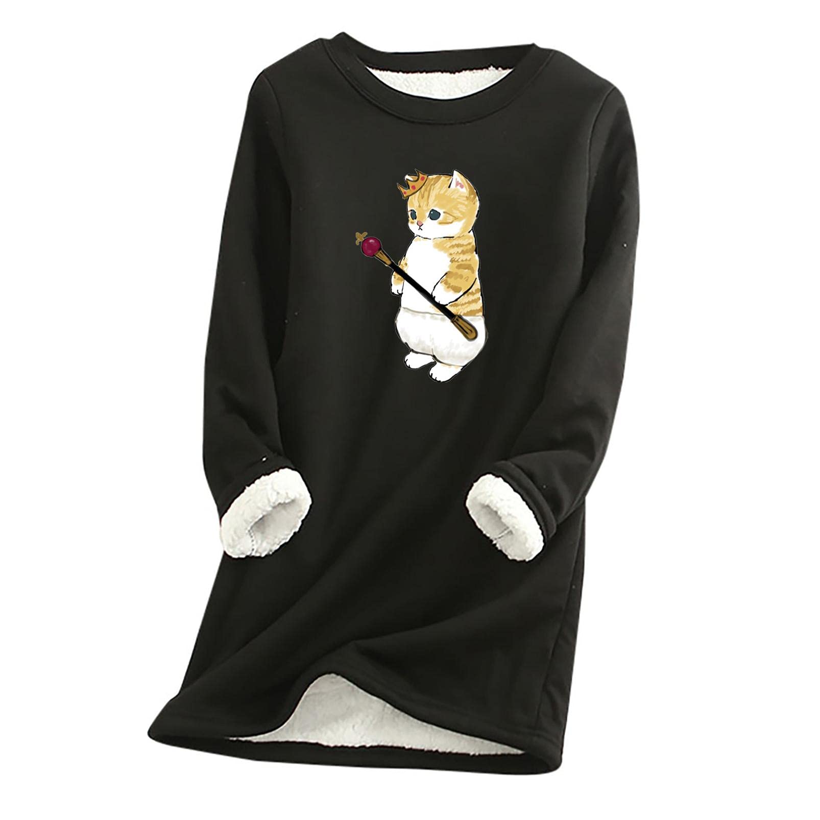 Women's Long Sleeve Cat Print T-Shirt Dress - Soft Fleece Loungewear & Sleepwear for Fall | Cute Crew Neck Nightgown for Home, Lounge & Casual Outings