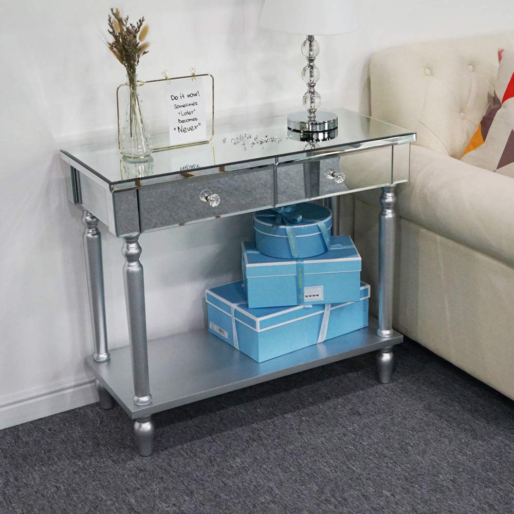 2 Tier Premium Mirrored Console Table with 2 Drawers - Silver Entryway Table for Hallway, Living Room & Bedroom Decor