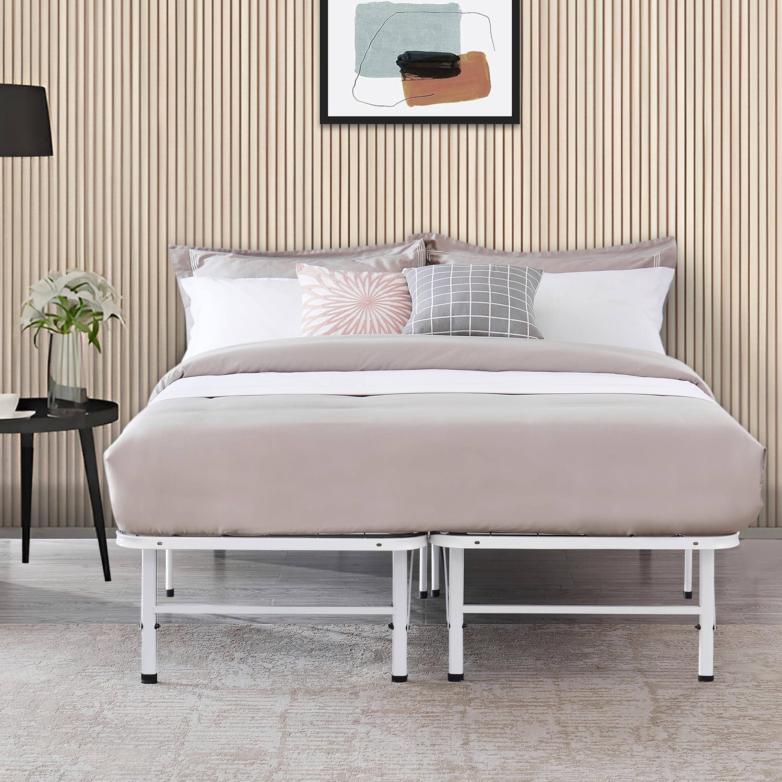 Naomi Home Full Size Bed Frame - Heavy Duty Foldable Platform Bed with Steel Slats, 600lbs Capacity - Mattress Foundation & Box Spring Replacement - White | Ideal for Guest Rooms, Small Spaces & Temporary Sleeping Arrangements