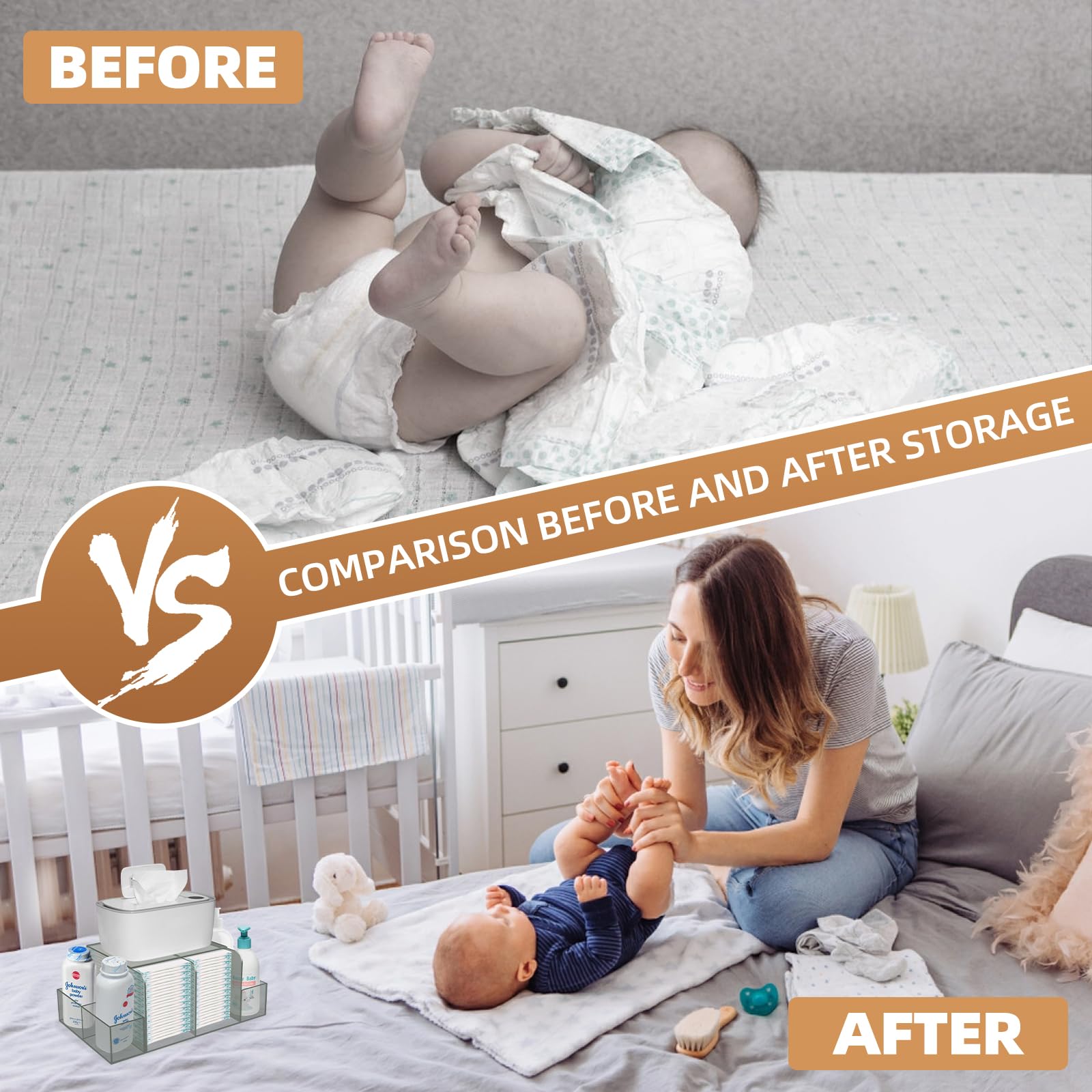 Baby Diaper Caddy Organizer - Detachable Clear Acrylic Diaper Storage for Wipes Dispenser & Warmer | Portable Changing Station for Nursery, Bedroom & Travel | Essential Diaper Changing Supplies for New Parents
