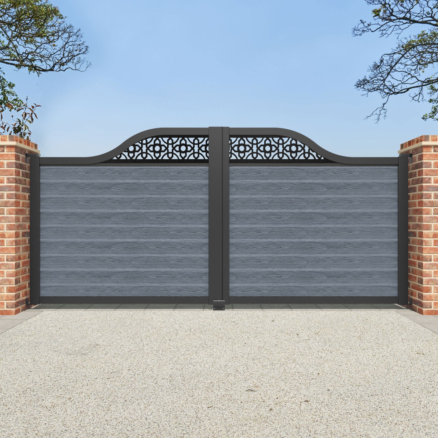 Classic Nabila Curved Top Driveway Gate in Anthracite with Top Screen - Elegant & Secure Entry Solution for Homes, Estates & Commercial Properties