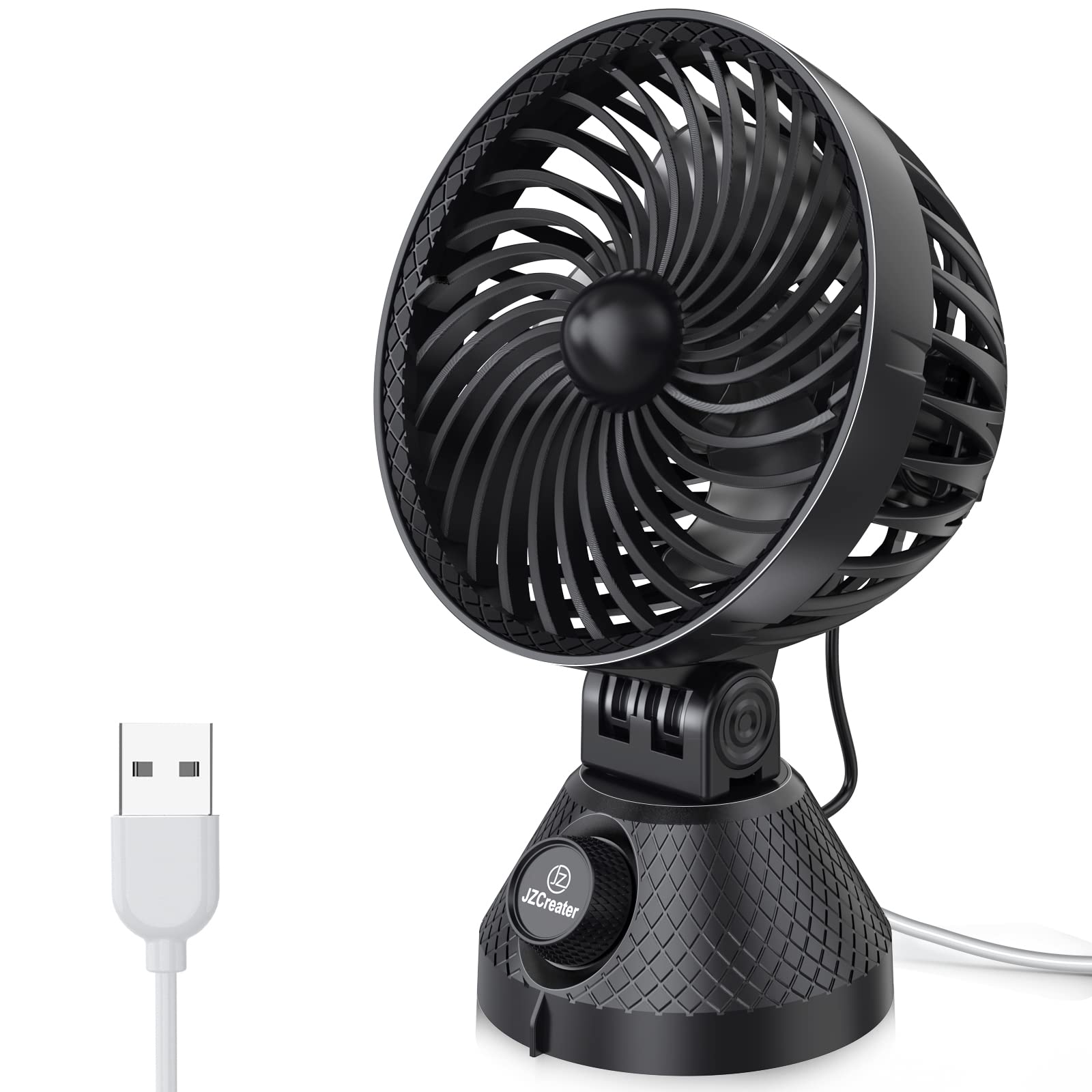JZCreater USB Mini Desk Fan - 4.8 Inch Stepless Speed Adjustable, 90° Auto Oscillating, Quiet & Powerful Cooling Fan for Home, Office, Bedroom, Outdoor, Stroller (Black) - Perfect for Work Desks, Nightstands, Baby Strollers and Travel Use